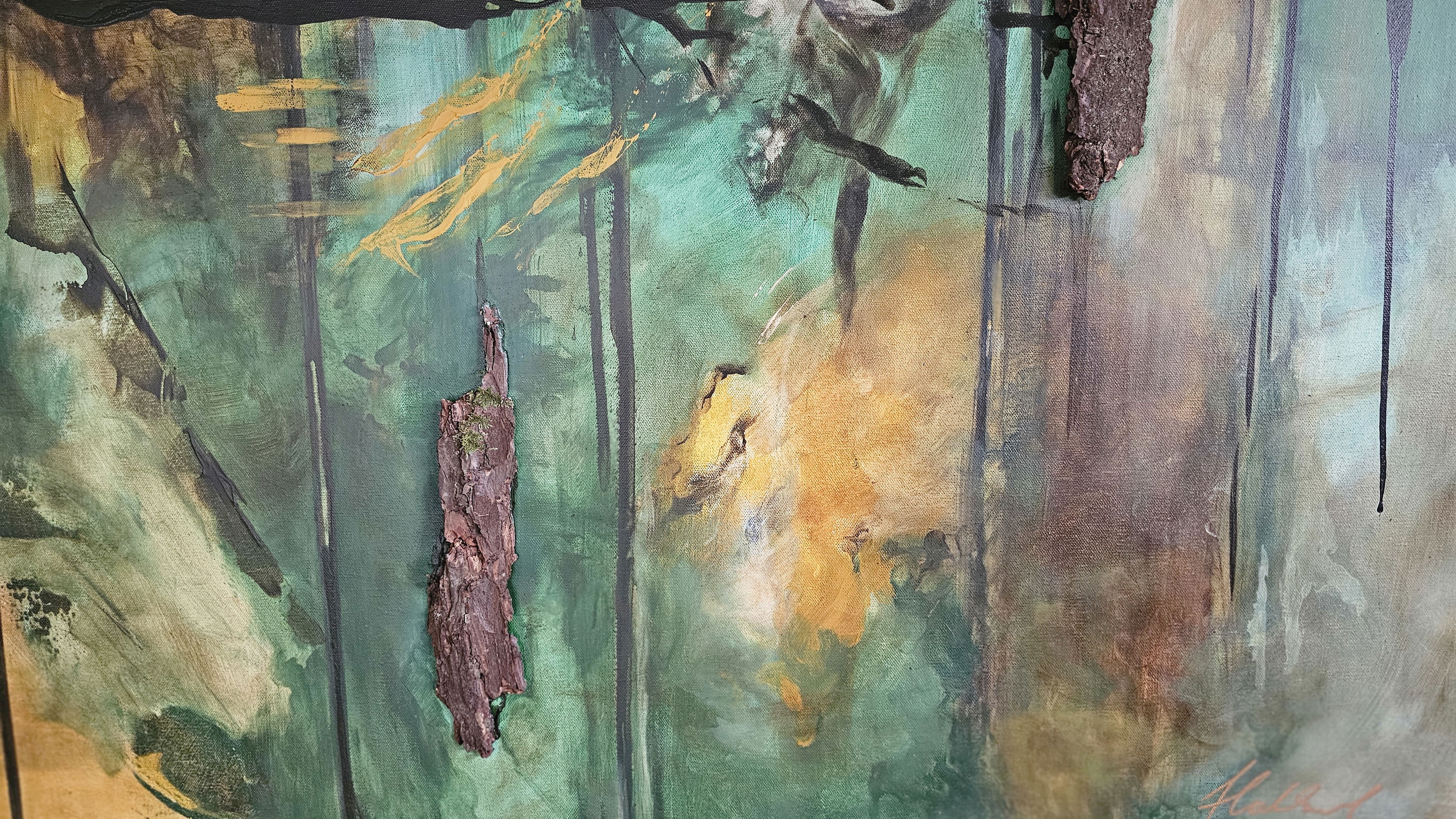 Abstract acrylic painting on canvas with earthy tones, vertical lines, organic textures, evoking flow, depth, and ethereal mystery. Abstrakt style, Acryl auf Leinwand.