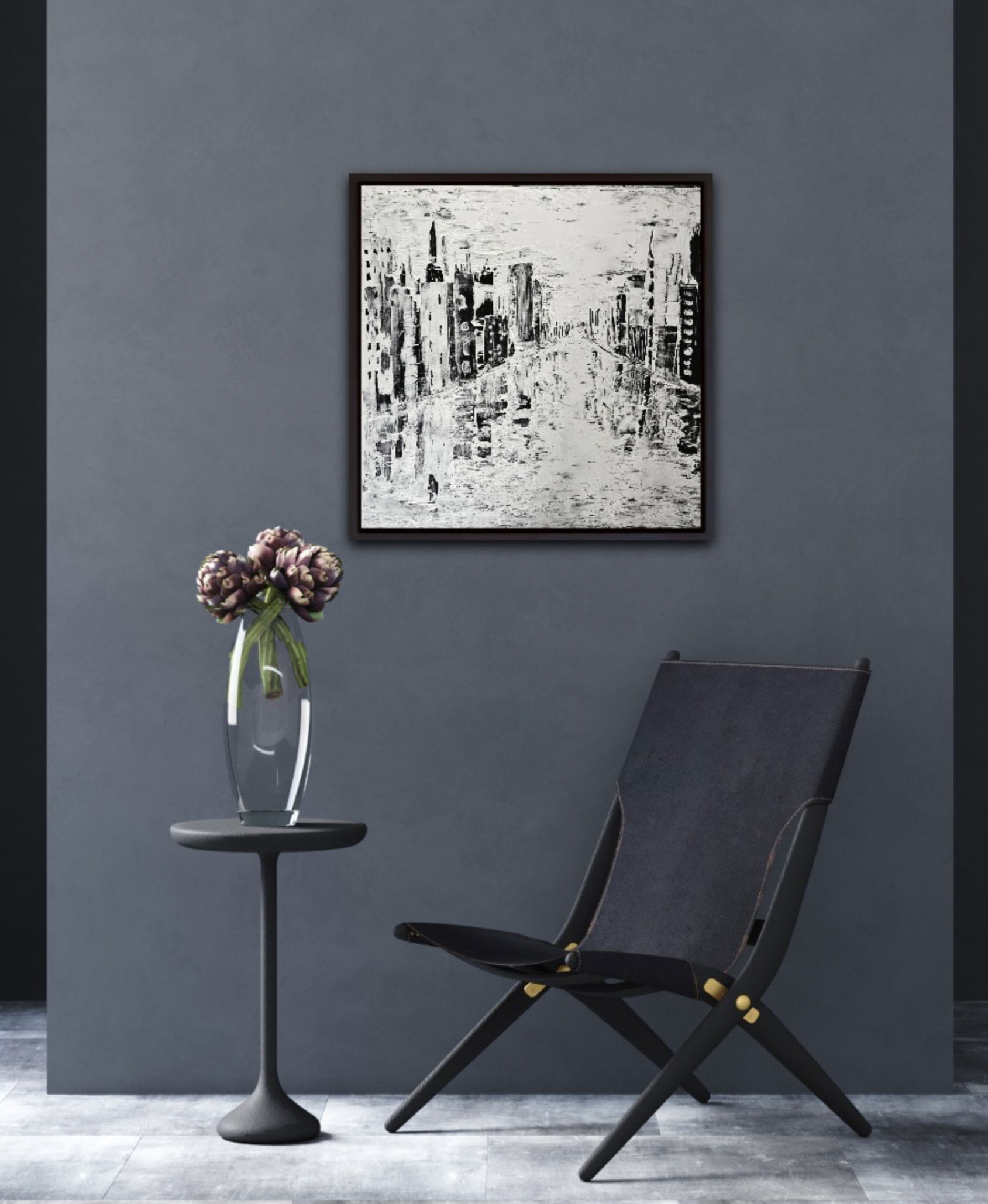 Monochrome sgraffito cityscape in acrylic, showcasing urban architecture with texture, reflection, and abstract modernity. Modern style, Acryl auf Leinwand, Sgraffito.