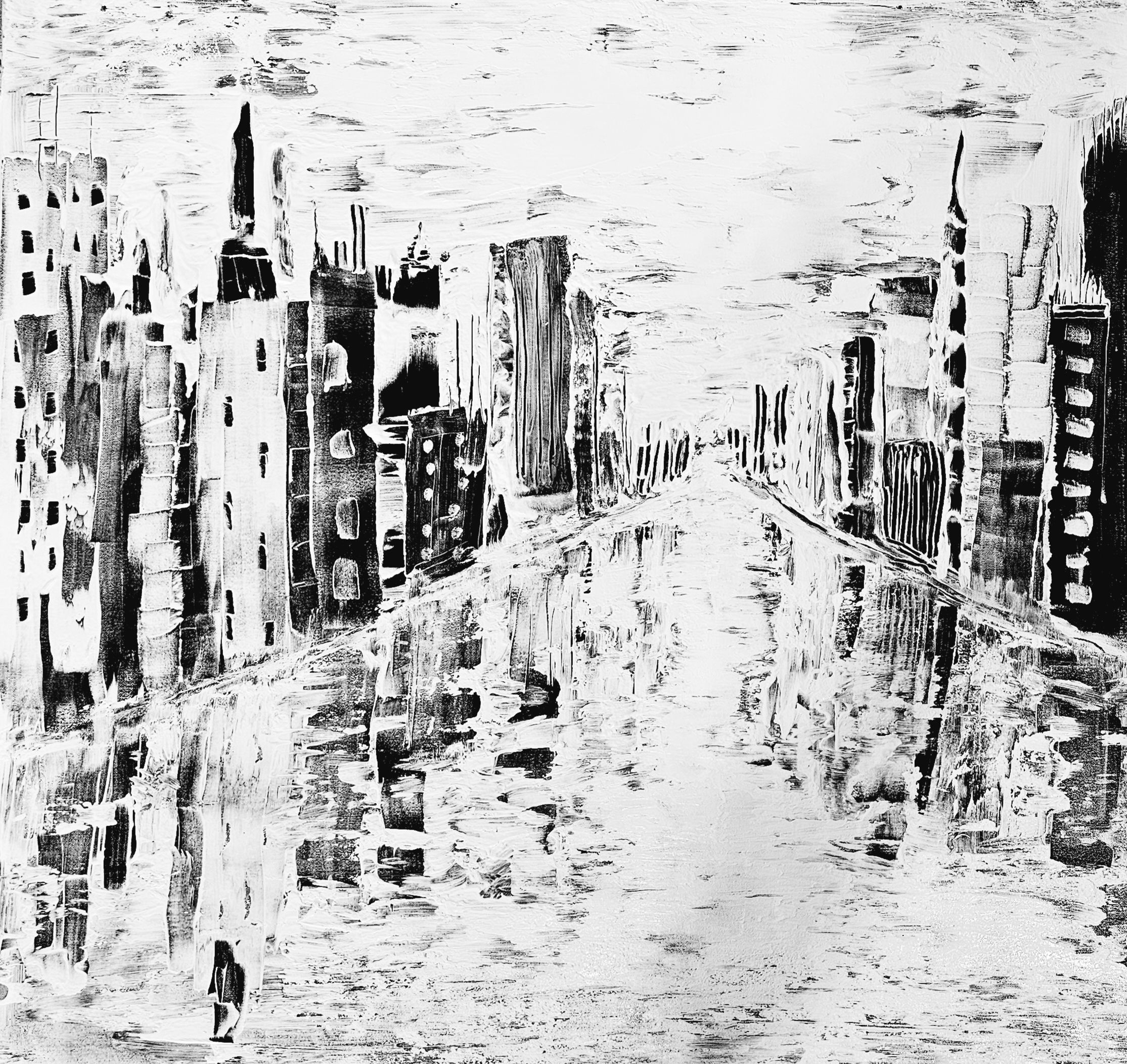 Monochrome cityscape in acrylic with textured sgraffito technique depicts urban skyline reflections and modern architectural abstraction. Modern style, Acryl auf Leinwand, Sgraffito.