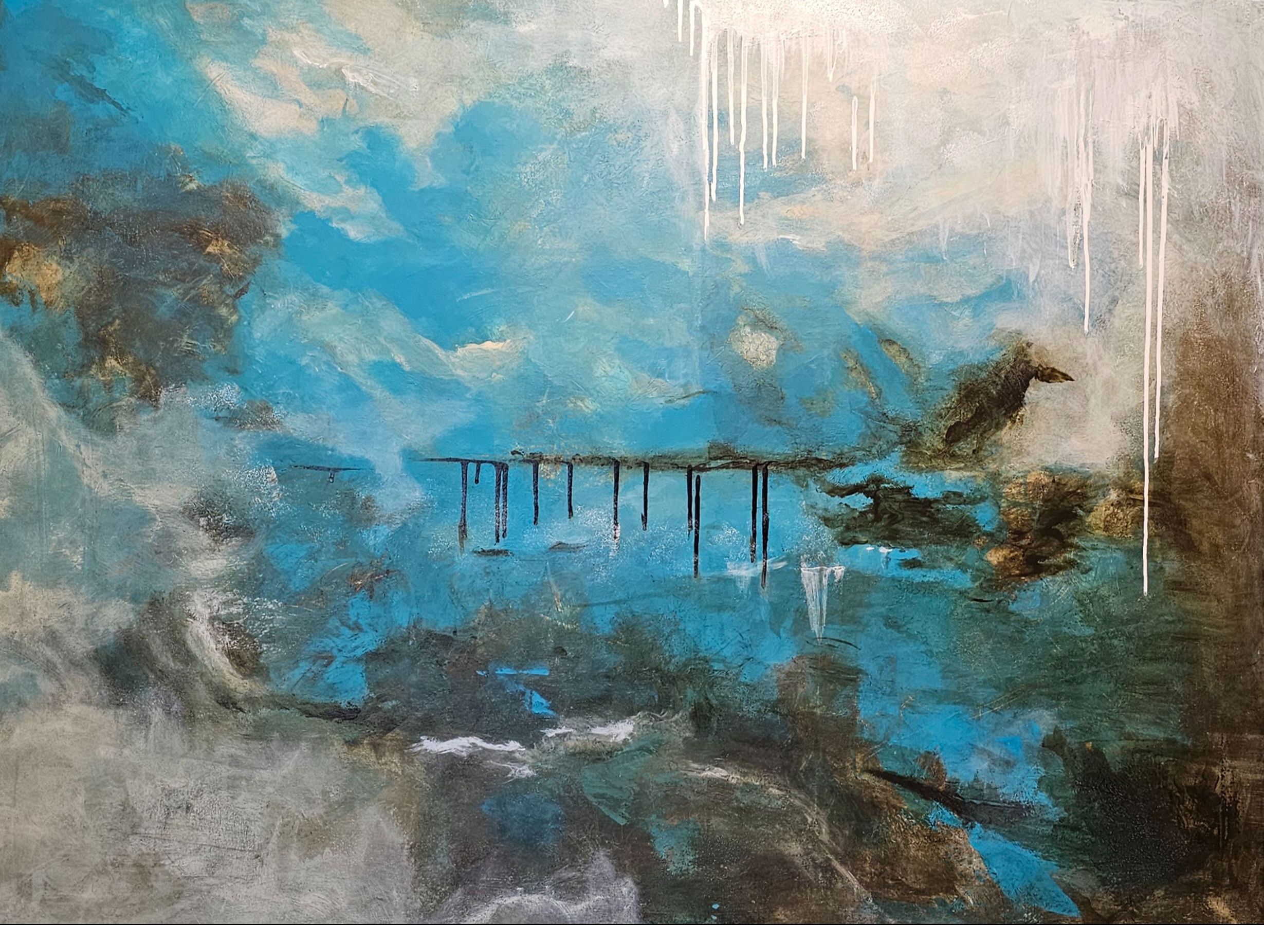 Abstract acrylic on canvas depicting an ethereal horizon with veils of misty blue, serene textures, and surreal reflections. Abstrakt style, Acryl auf Leinwand.