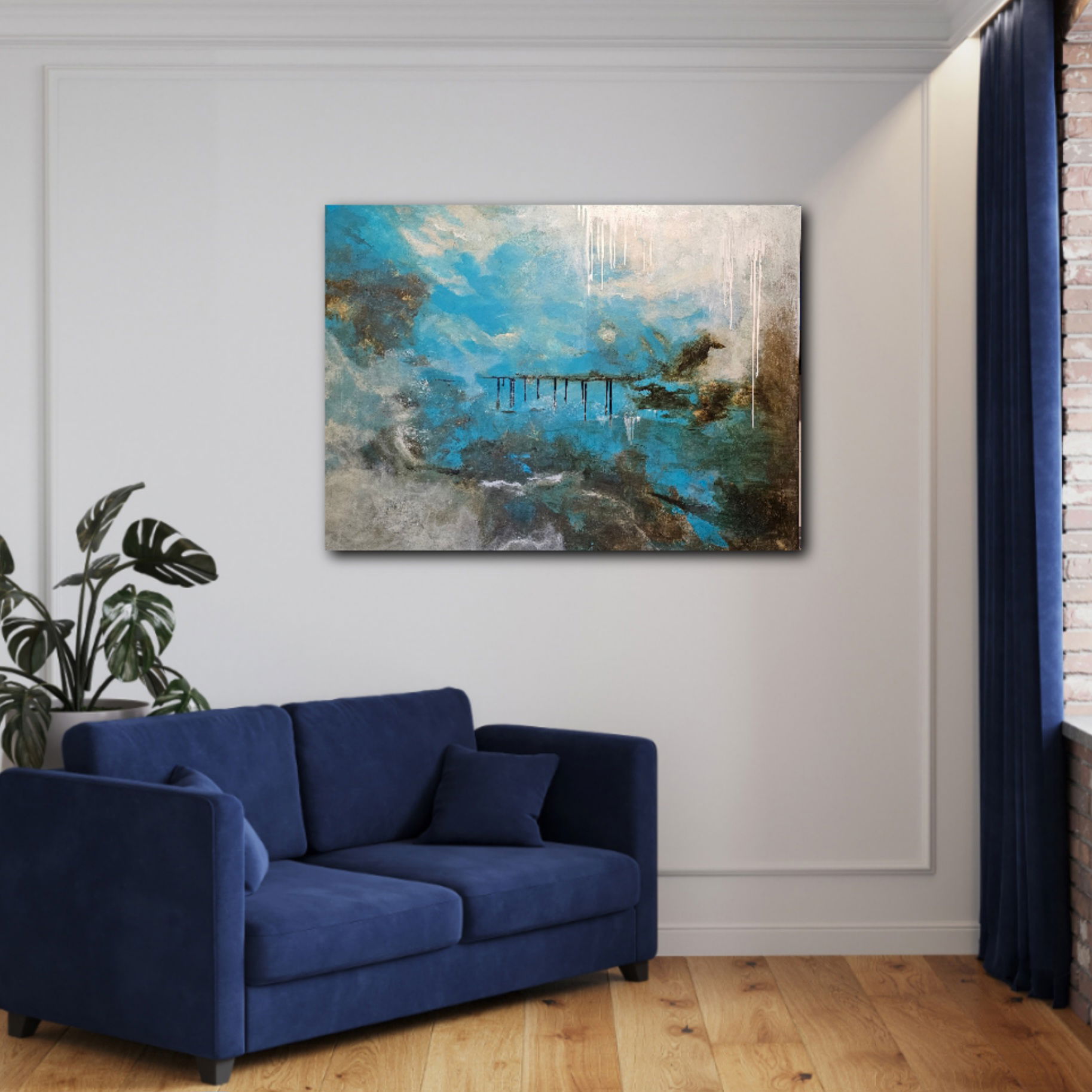 Abstract acrylic art on canvas with ethereal, oceanic hues of blue and white, depicting a moody, surreal mist over a bridge. Abstrakt style, Acryl auf Leinwand.
