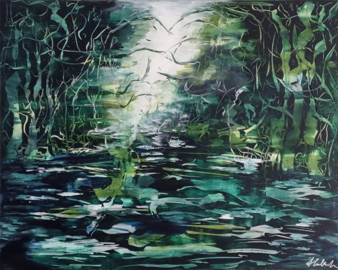 Abstract acrylic artwork with sgraffito technique, evoking a mystical forest scene with deep emerald hues and tranquil reflections. Abstrakt style, Acryl auf Leinwand, Sgraffito .