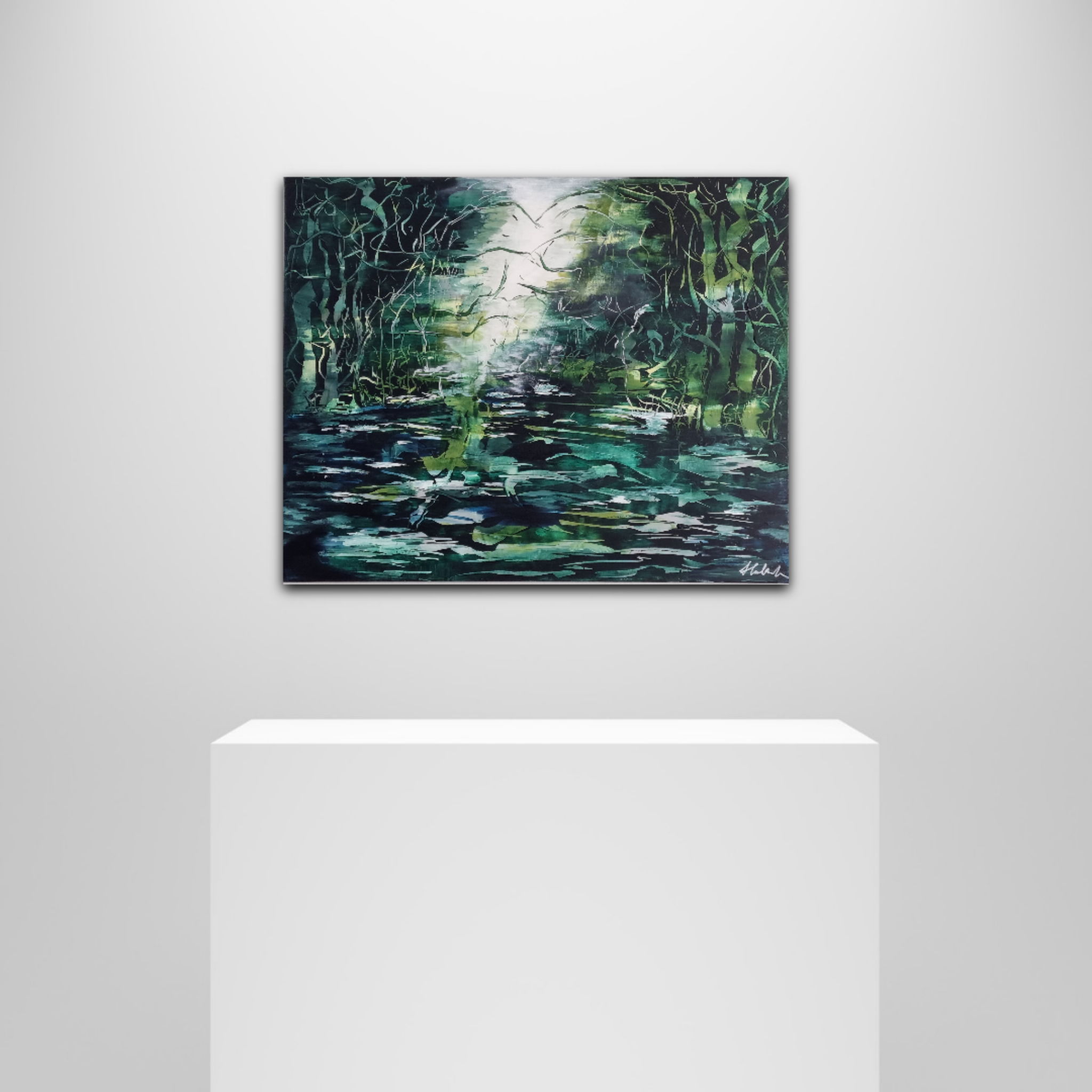 Mystic forest-themed abstract acrylic painting with sgraffito texture, evoking serenity and depth in emerald foliage. Abstrakt style, Acryl auf Leinwand, Sgraffito .