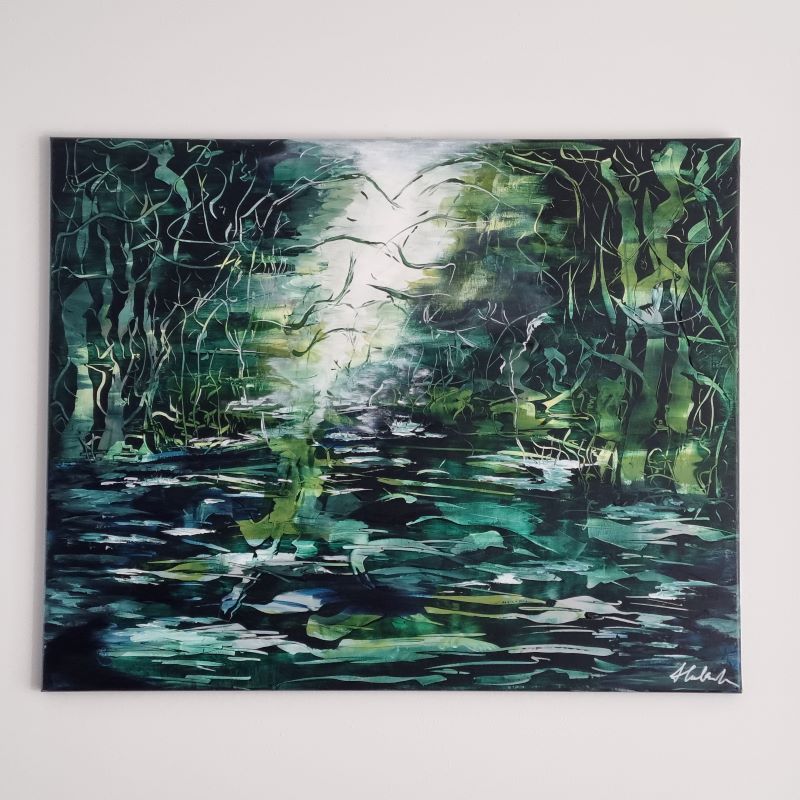 Abstract sgraffito artwork in acrylic evokes an emerald forest depth, painted intricately reflecting a serene mystic illusion. Abstrakt style, Acryl auf Leinwand, Sgraffito .