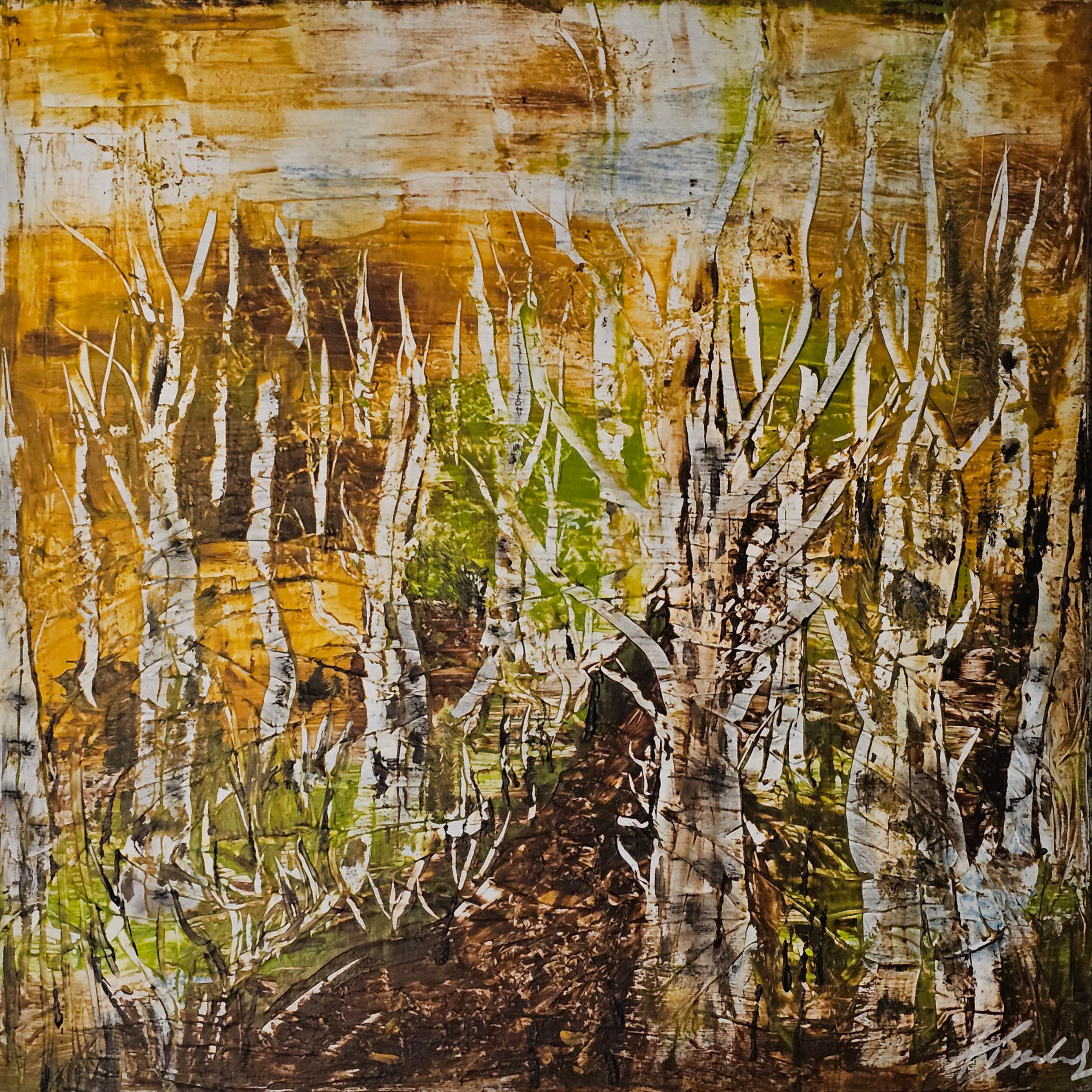 Contemporary sgraffito forest scene in acryl; layers of yellow, green, and brown textures depict nature's depth in dynamic brushstrokes. Contemporary Art style, Acryl auf Leinwand, Sgraffito.