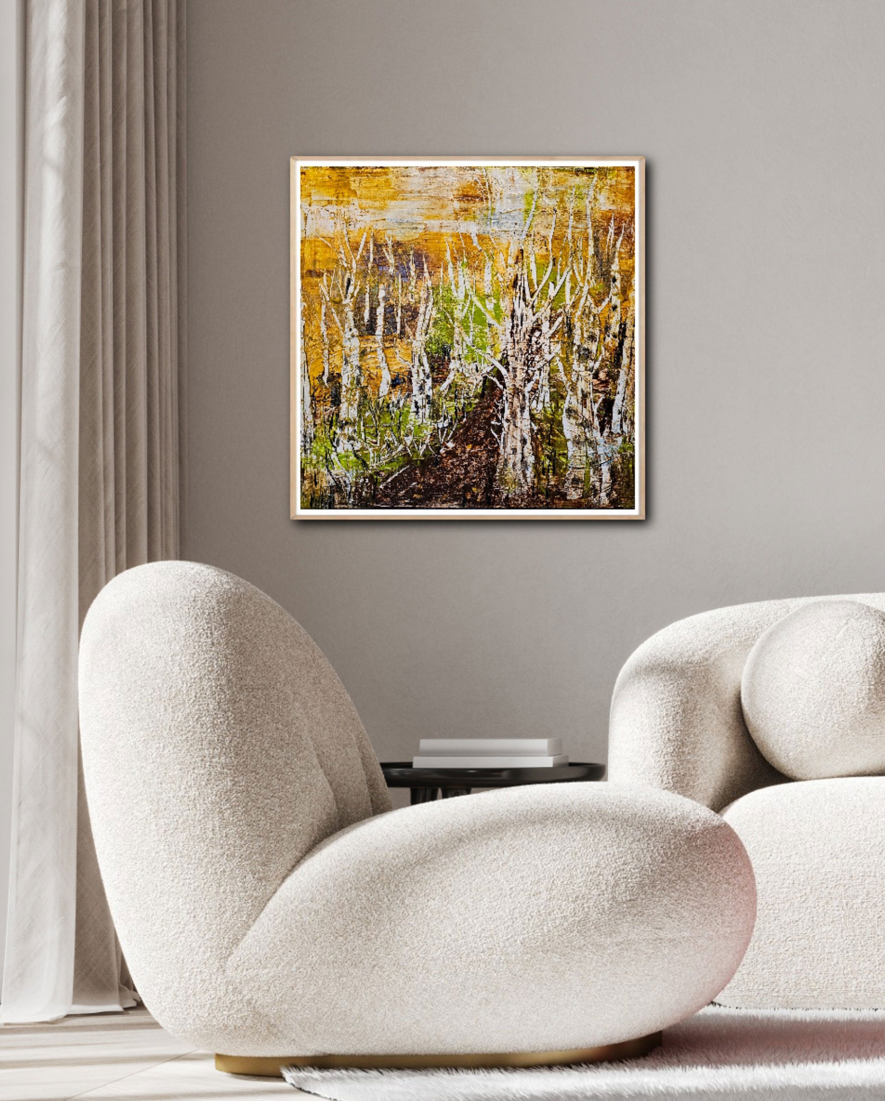 Contemporary sgraffito forest painting with yellow-brown acrylic strokes, textured layers depicting trees and sunlight on canvas. Contemporary Art style, Acryl auf Leinwand, Sgraffito.