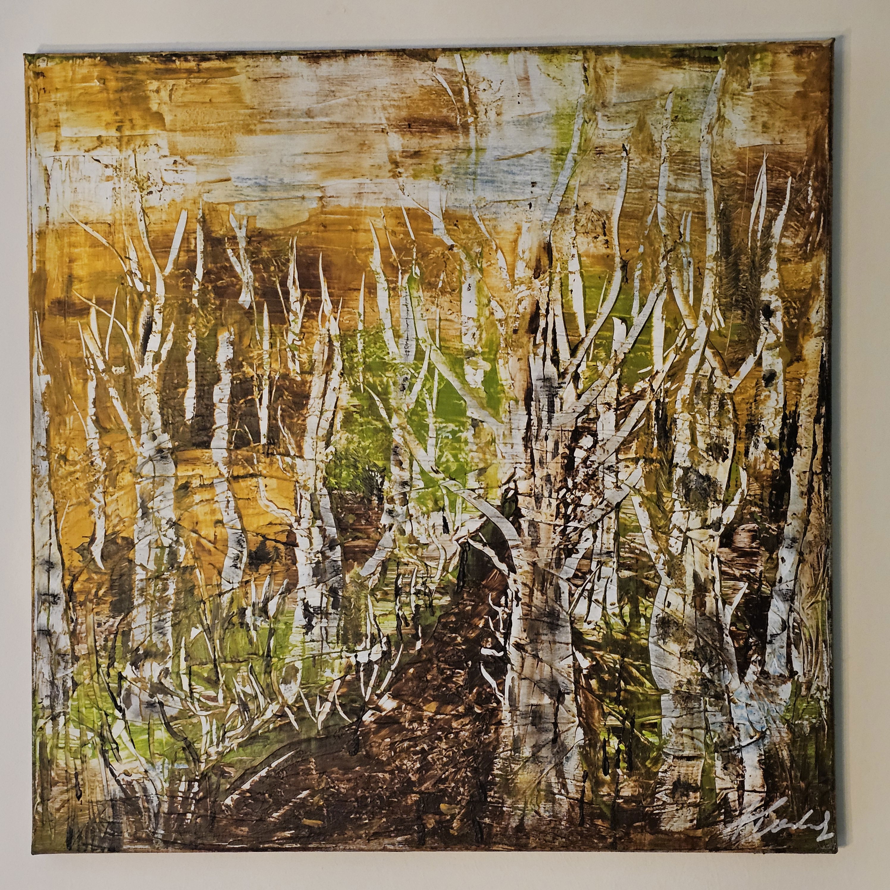 Contemporary acrylic landscape using sgraffito techniques, depicting an abstract forest with textured yellow, green, brown hues. Contemporary Art style, Acryl auf Leinwand, Sgraffito.