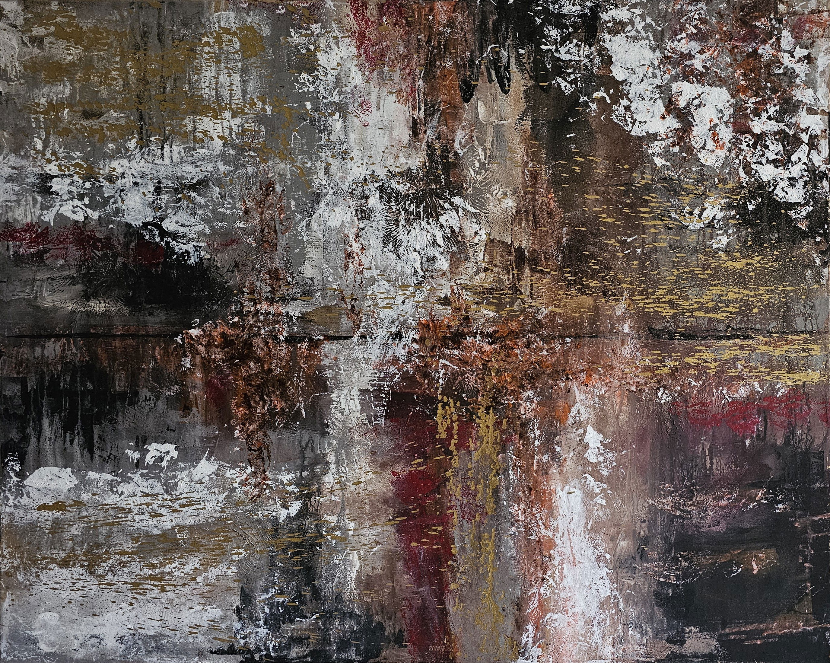 Abstract acrylic on canvas with chaotic earth tones, metallic textures, depth, contrast, dynamic brushstrokes, fluid transitions. Abstrakt style, Acryl auf Leinwand.