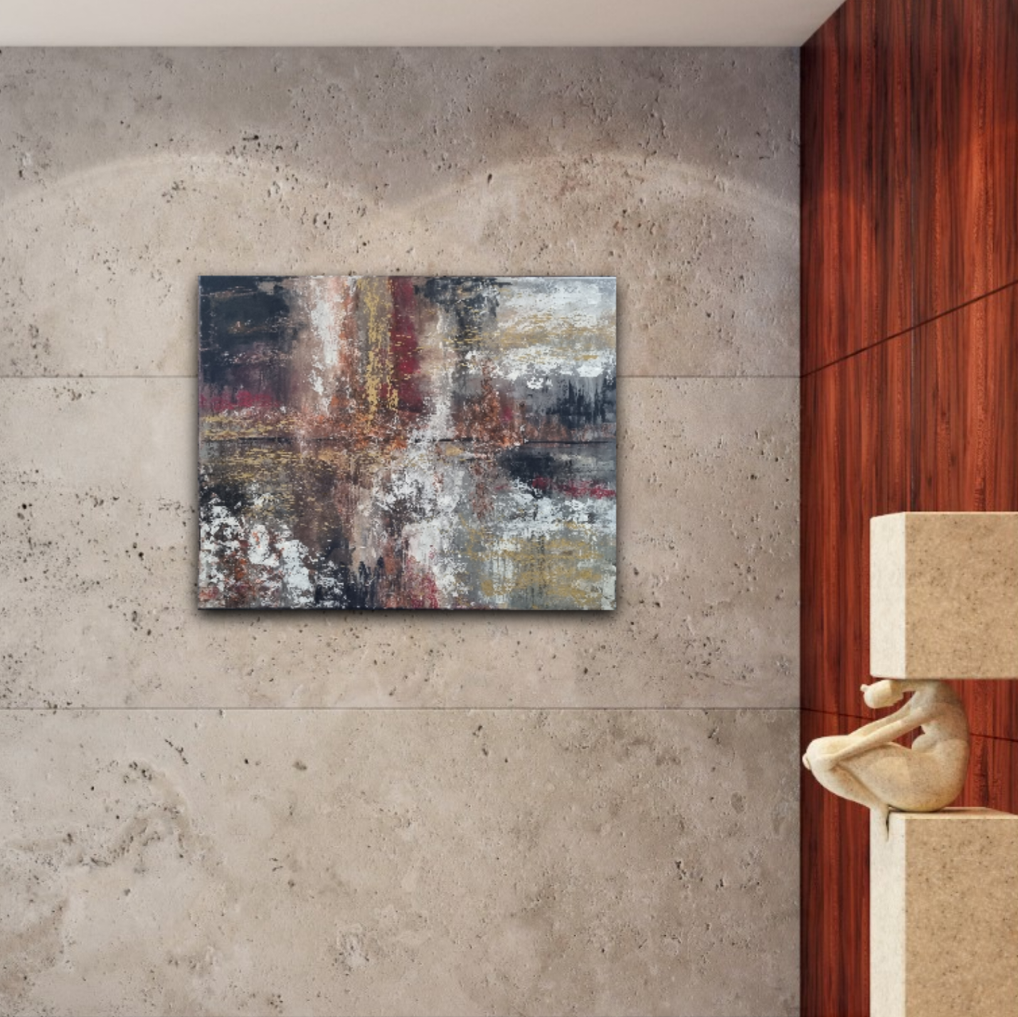 Abstract acrylic canvas with earth tones, metallic layers; harmonious chaos revealing depth, mystery, light and shadow dance. Abstrakt style, Acryl auf Leinwand.