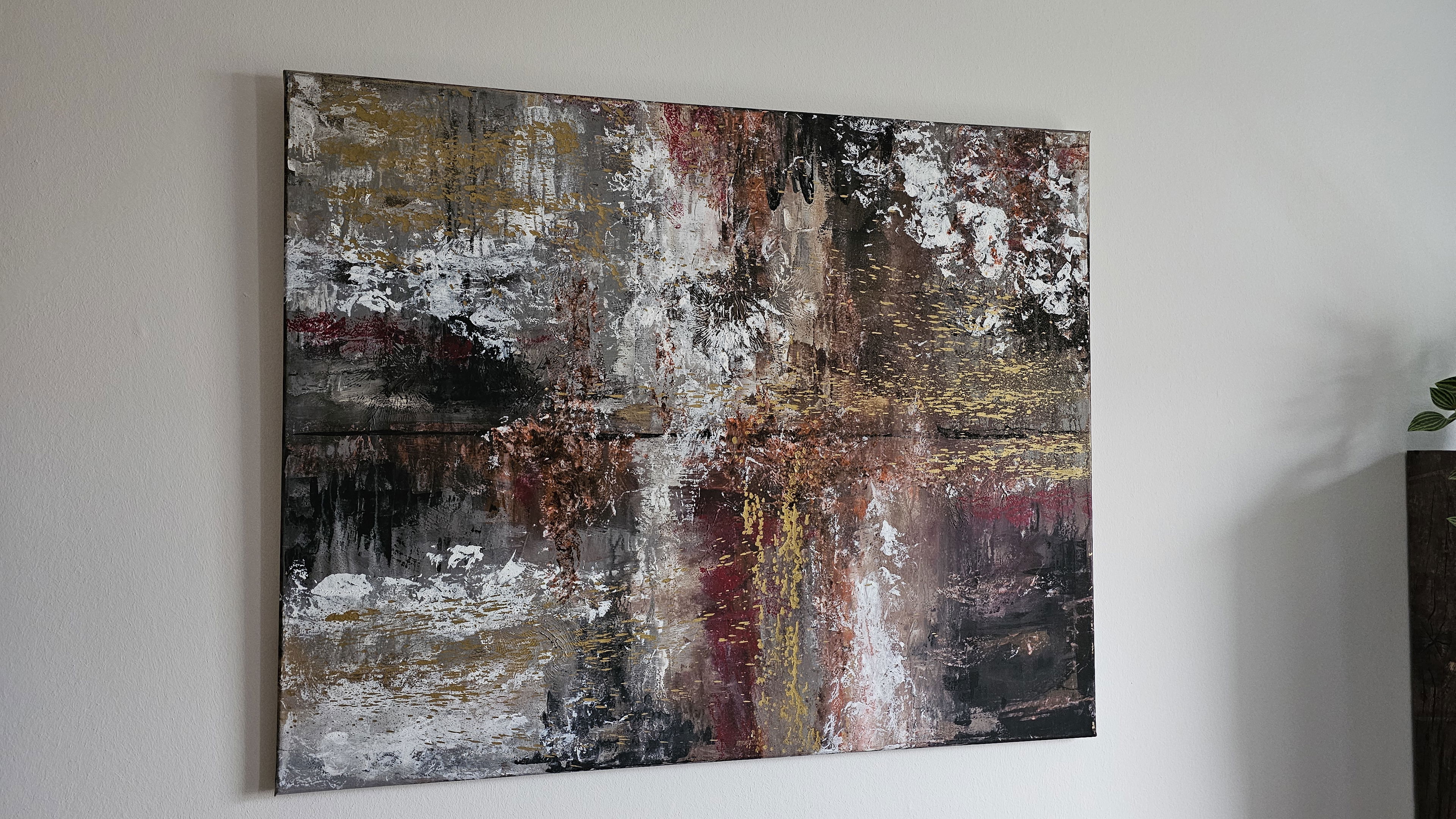 Abstract acrylic painting with earthy tones and metallic textures, showcasing dynamic layers, motion, harmony, and contrasting elements. Abstrakt style, Acryl auf Leinwand.