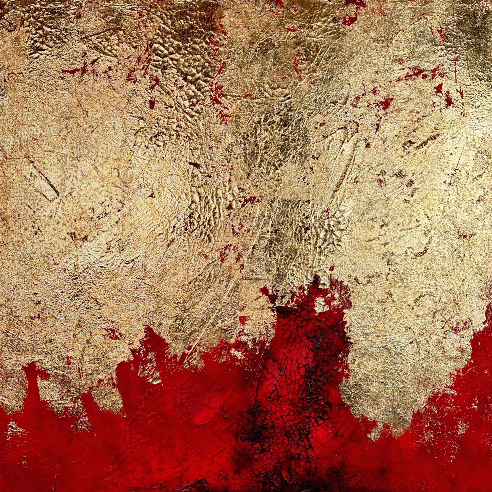 An abstract explosion of gold and crimson mixed media on canvas, with intricate textures and shimmering layers creating a dynamic interplay of light and depth. Artwork style is Abstrakt  and technique Mixed Media auf Leinwand.