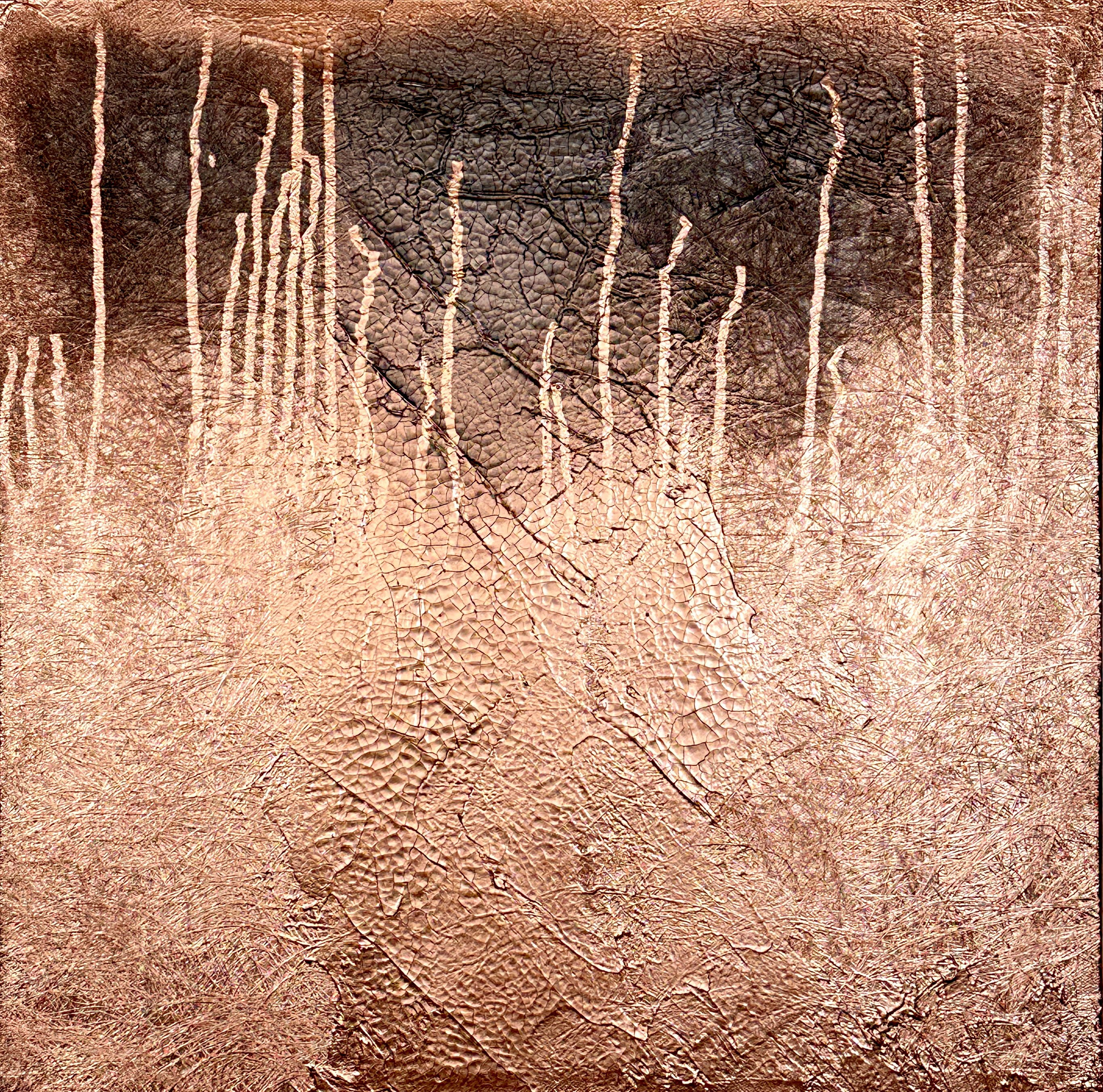 Abstract mixed media artwork on canvas depicting an aged, copper-toned texture with organic vertical lines, evocative of erosion and decay, exuding an ethereal metallic mystique. Artwork style - Abstrakt  and technique Mixed Media auf Leinwand.