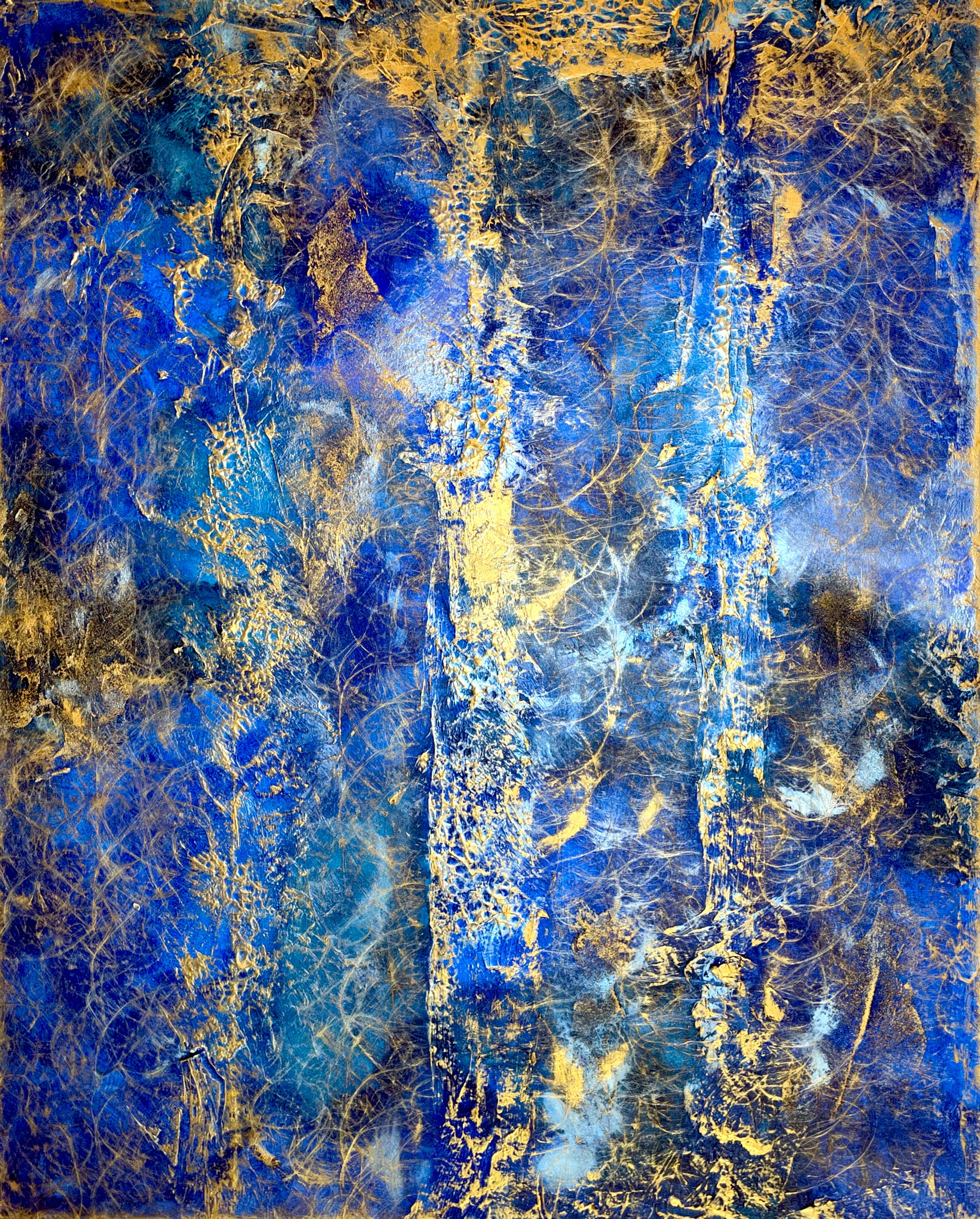 An ethereal dance of azure and gold, this mixed media on canvas artwork reveals celestial swirls and textured layers, evoking the mysterious depths and luminosity of the cosmos. Artwork style - Abstrakt  and technique Mixed media auf Leinwand .