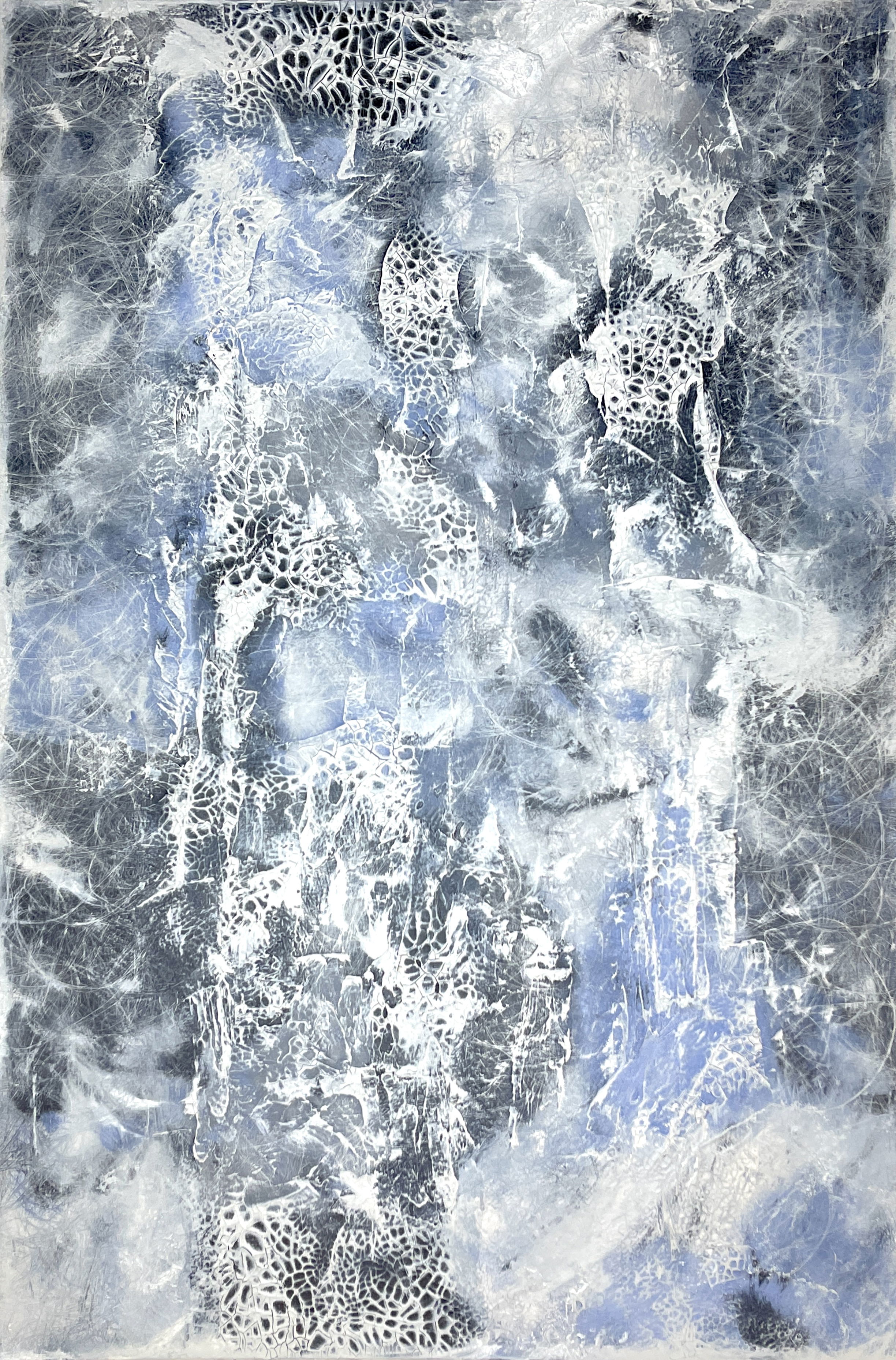 An ethereal abstract in mixed media on canvas, weaving spectral textures and glacial contrasts that evoke veils of frost, shadows, and whispers in a monochrome dreamscape. Artwork style - Abstrakt and technique Mixed Media auf Leinwand.