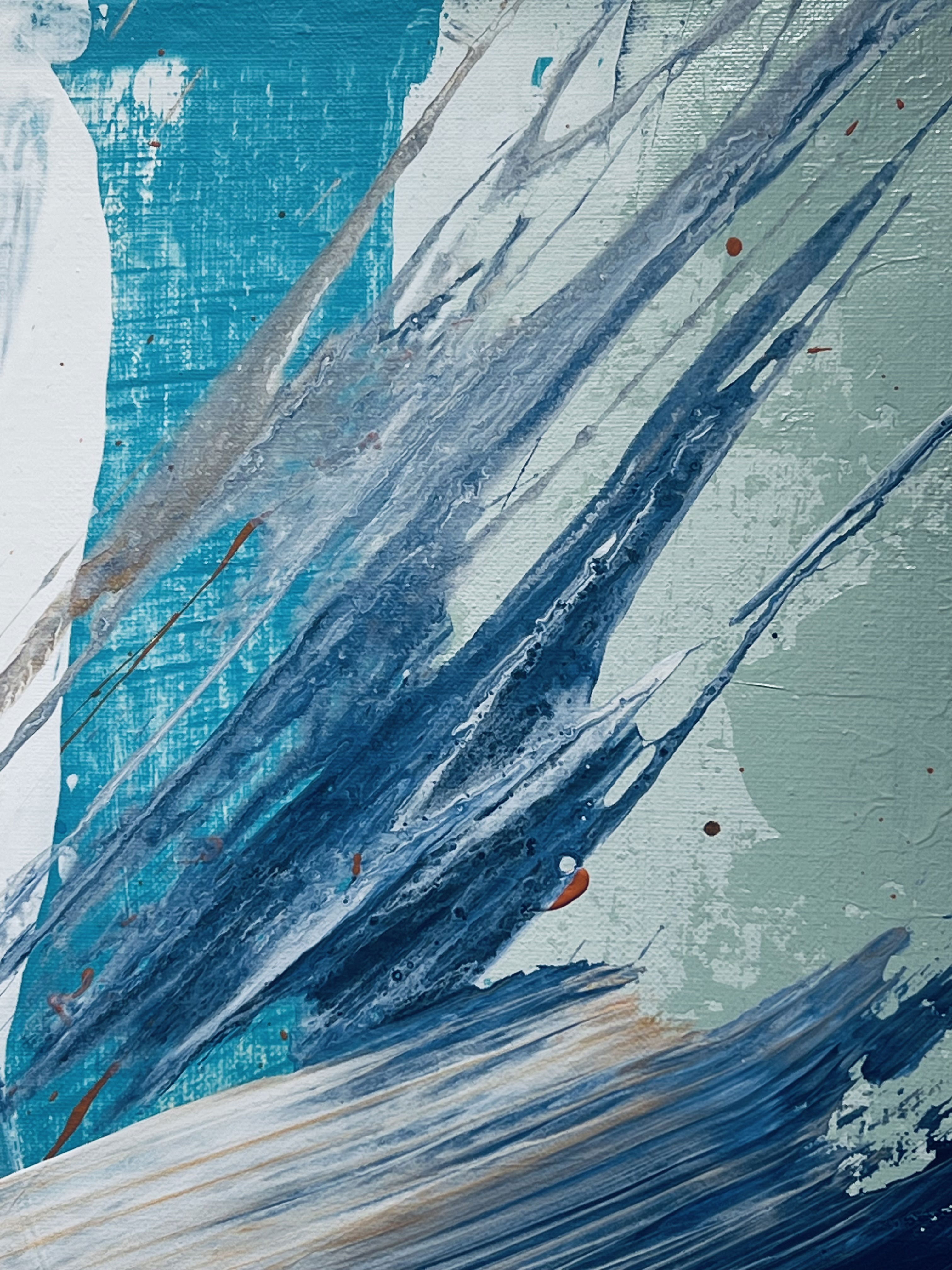 Abstract acrylic painting, a symphony of swirls and gradients in azure and forest green, punctuated by dynamic brushstrokes capturing fluidity and depth. Artwork style - Abstrakt and technique Acryl auf Leinwand.