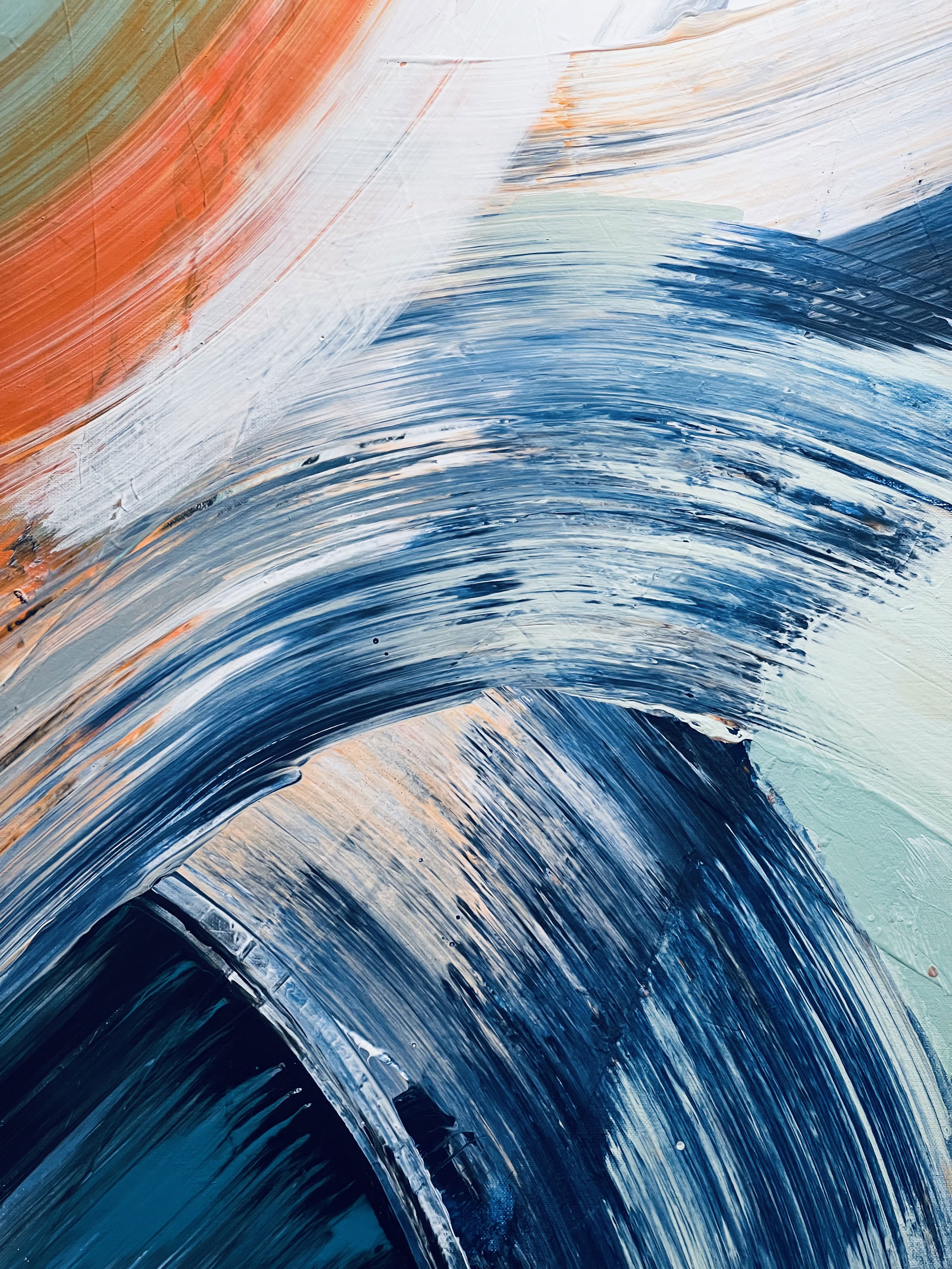 An acrylic abstract painting on canvas that showcases dynamic swirls of azure, forest green, and ochre. The fluid brushstrokes create a harmonious gradient of motion and depth. Artwork style - Abstrakt and technique Acryl auf Leinwand.