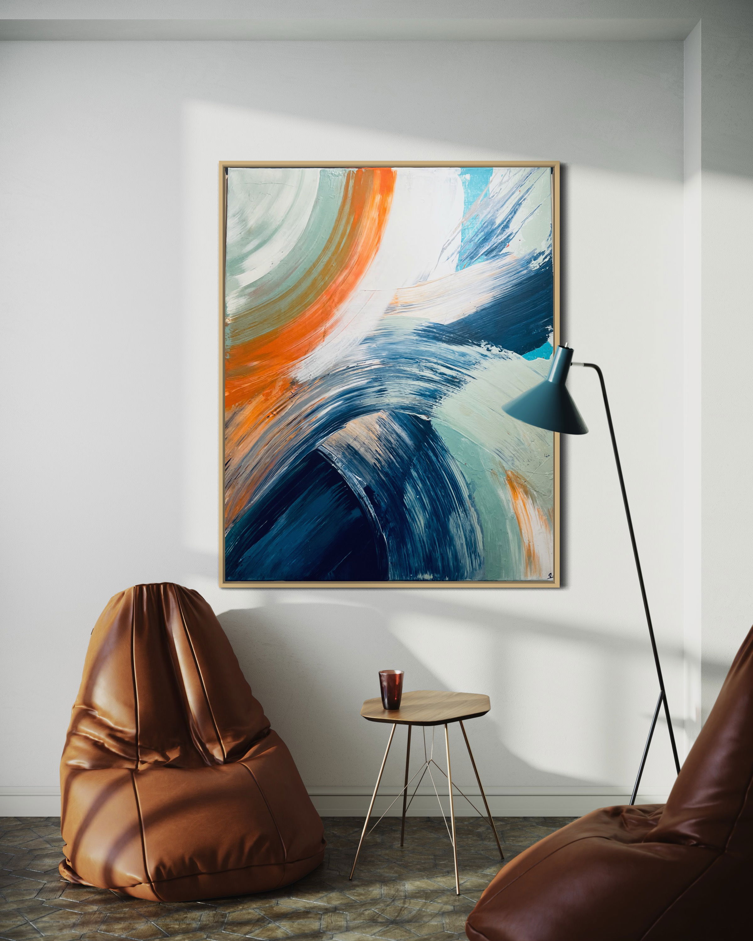 Abstract acrylic artwork on canvas, featuring dynamic swirls of azure, forest green, and ochre, evoking fluid motion and serene energy. Textured brushstrokes contrast elegantly. Artwork style - Abstrakt and technique Acryl auf Leinwand.