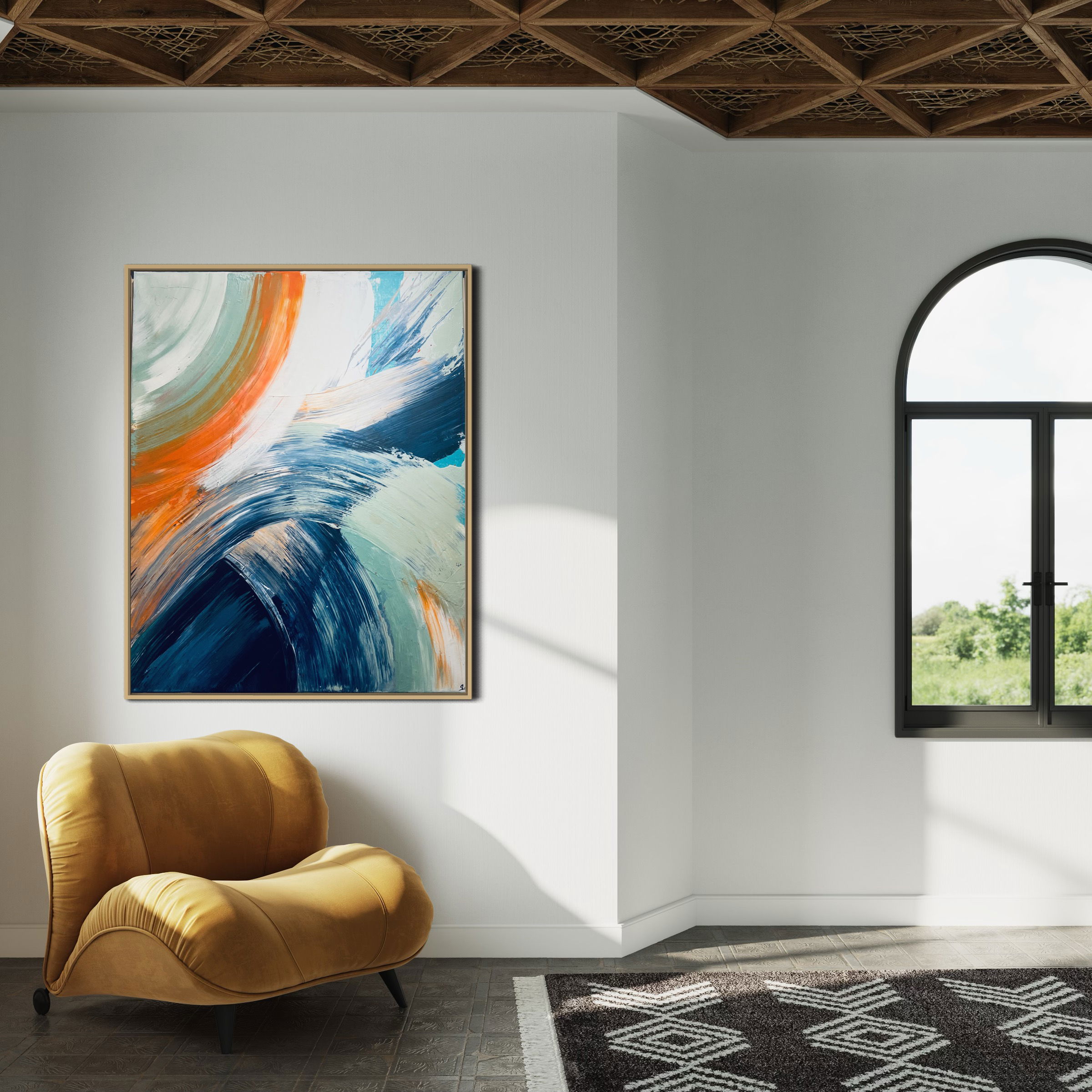 Abstract acrylic painting on canvas featuring dynamic swirls in azure, forest green, and ochre hues. The brushstrokes evoke fluidity, motion, and a serene harmony of contrasts. Artwork style - Abstrakt and technique Acryl auf Leinwand.