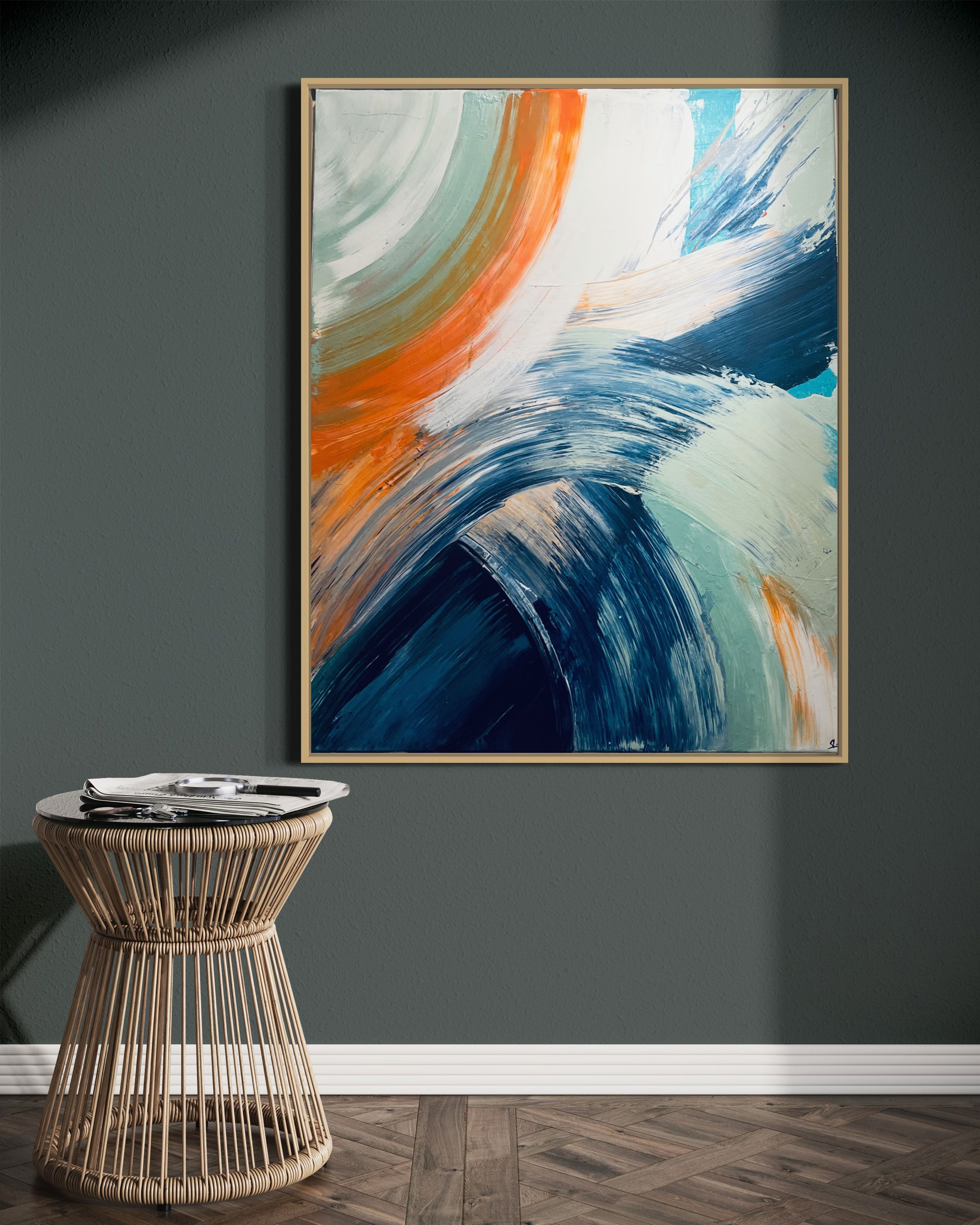 A mesmerizing abstract acrylic painting on canvas, featuring dynamic swirls of azure, forest green, and ochre, blending in fluid motion, evoking serene harmony and energetic depth. Artwork style - Abstrakt and technique Acryl auf Leinwand.