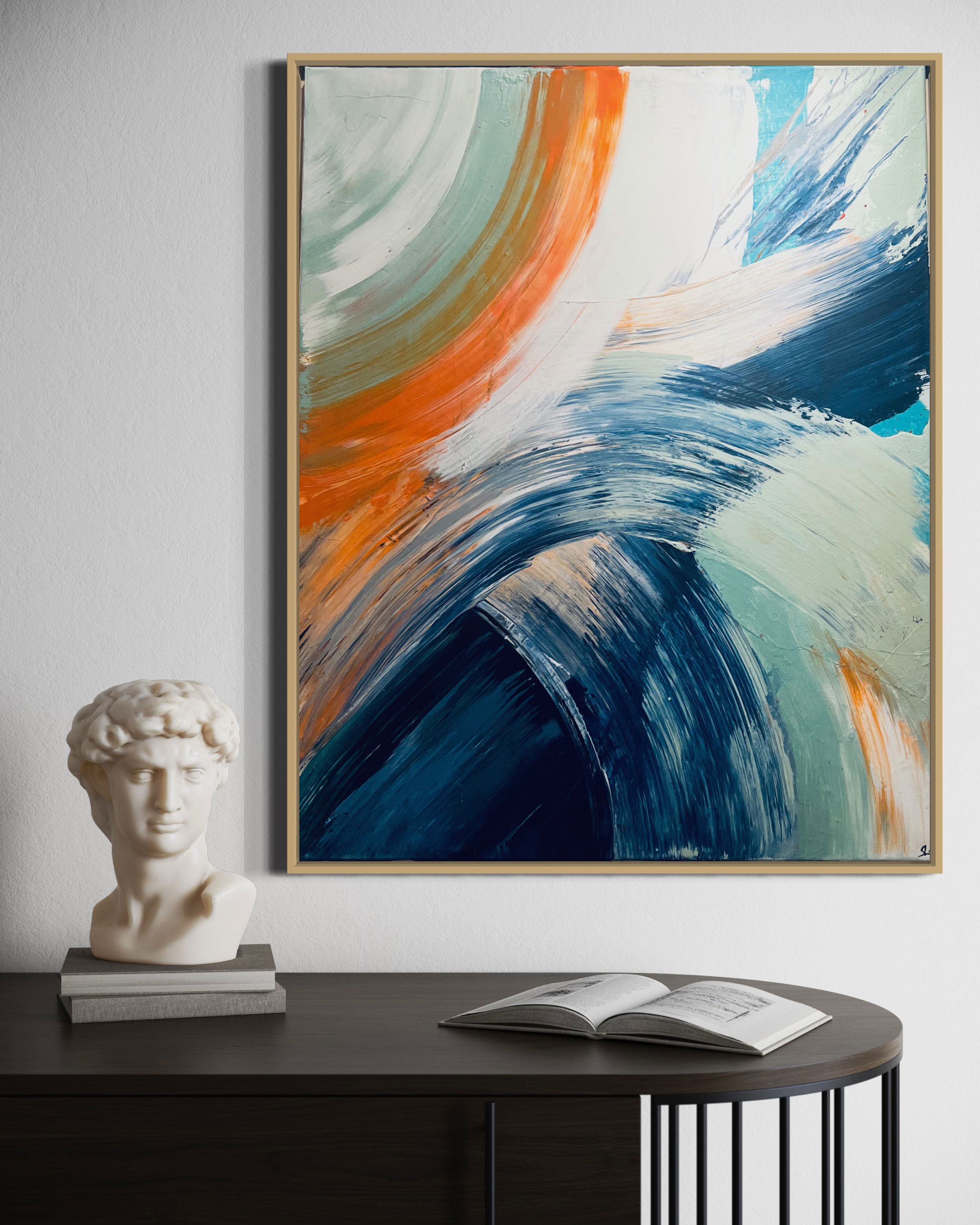 Abstract acrylic painting on canvas featuring dynamic swirls and harmonious brushstrokes blending azure, forest green, and ochre shades, evoking fluidity and serene energy. Artwork style - Abstrakt and technique Acryl auf Leinwand.