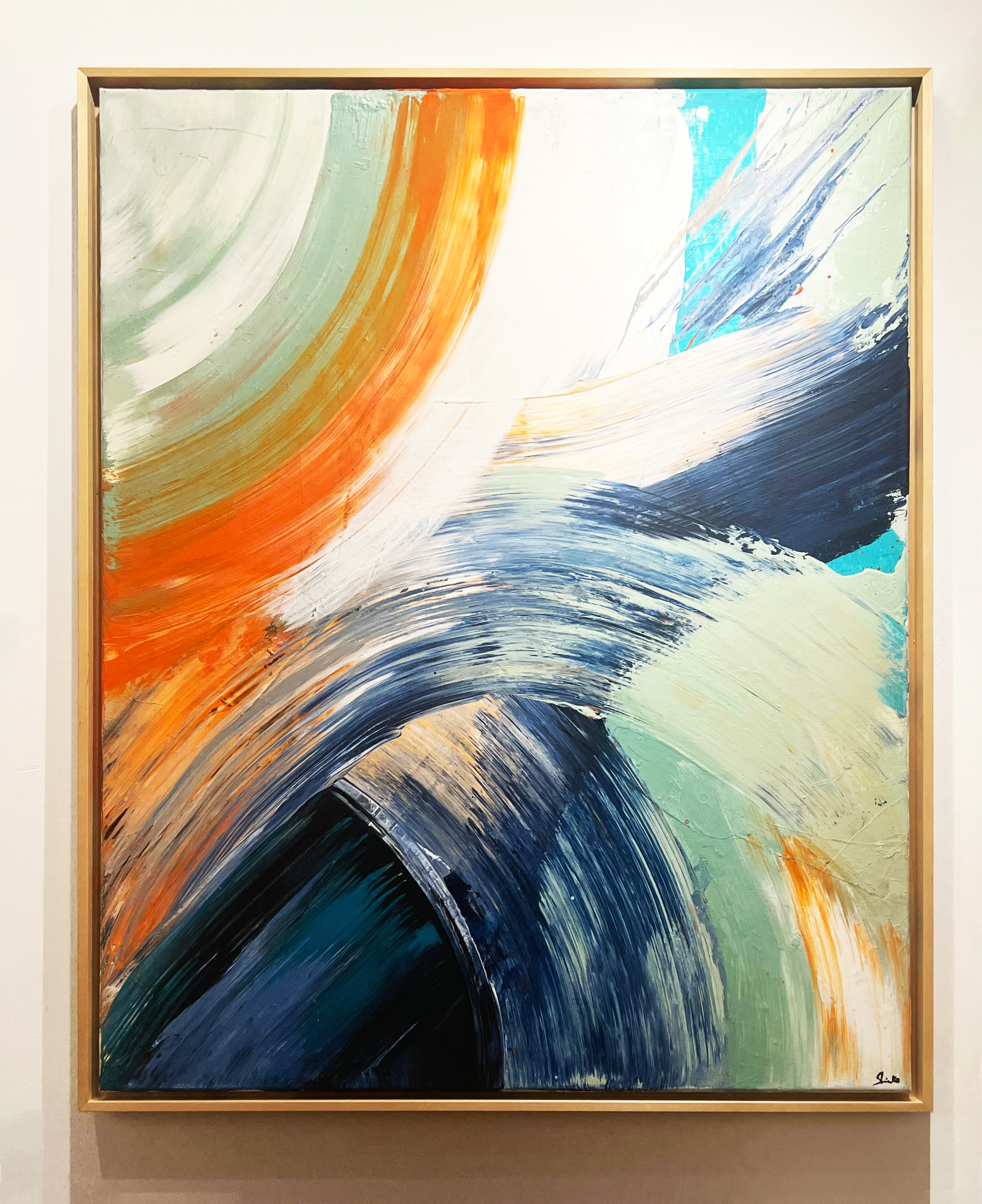 Abstract acrylic painting on canvas featuring dynamic swirls in azure, forest green, and ochre, blending fluidity and contrast to evoke harmony, motion, and depth. Artwork style - Abstrakt and technique Acryl auf Leinwand.