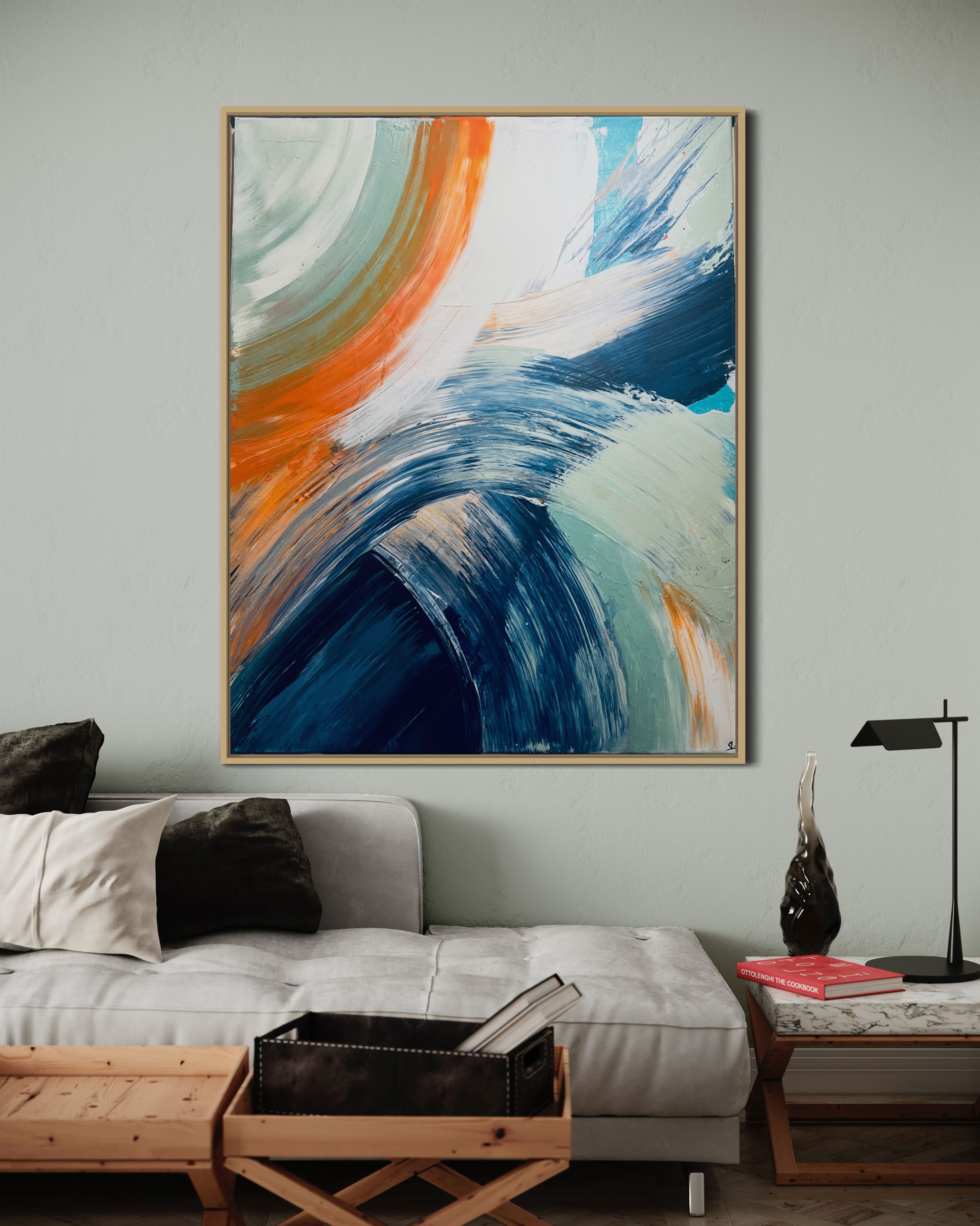 Abstract acrylic on canvas painting characterized by dynamic swirls of azure, forest green, and ochre, capturing the essence of fluidity, depth, and harmonious motion. Artwork style - Abstrakt and technique Acryl auf Leinwand.