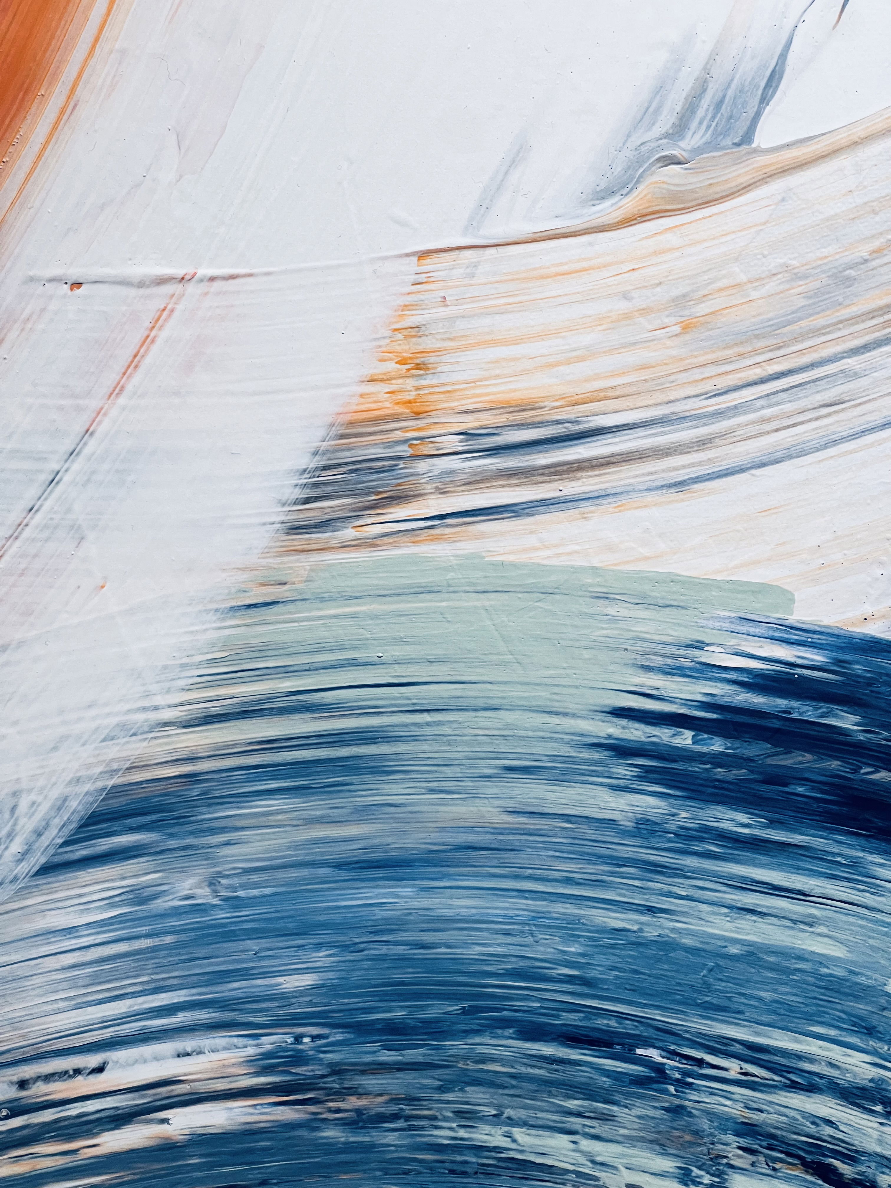 An abstract acrylic painting on canvas with swirling brushstrokes in azure, forest green, and ochre, creating a dynamic blend of fluidity, contrast, and depth, evoking serenity and motion. Artwork style - Abstrakt and technique Acryl auf Leinwand.