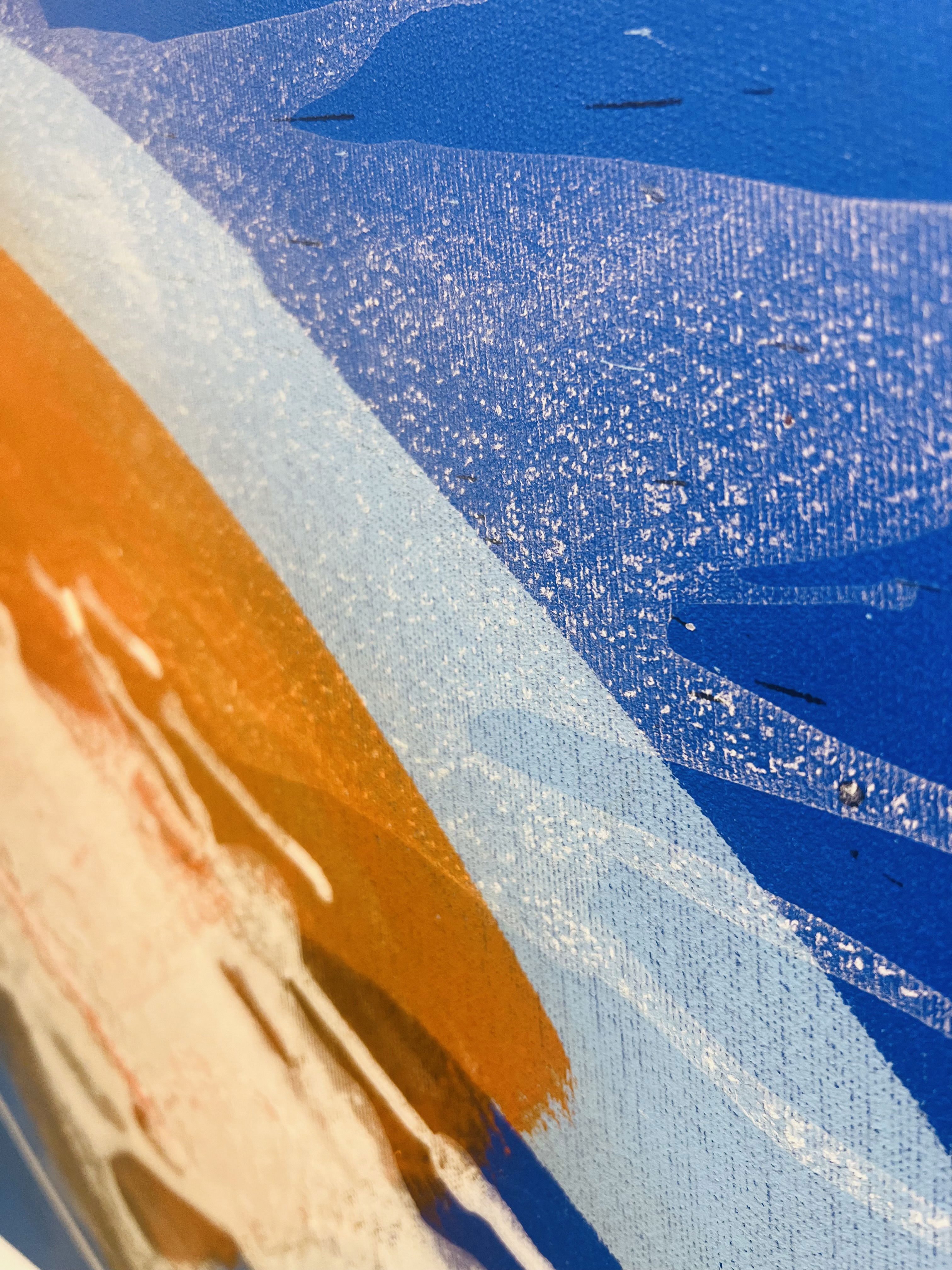 A vibrant abstract acrylic painting on canvas, featuring cosmic swirls of azure and amber in a dynamic dance of foam-like textures and streaks, evoking reflections on life's turbulence. Artwork style - Abstrakt and technique Acryl auf Leinwand.