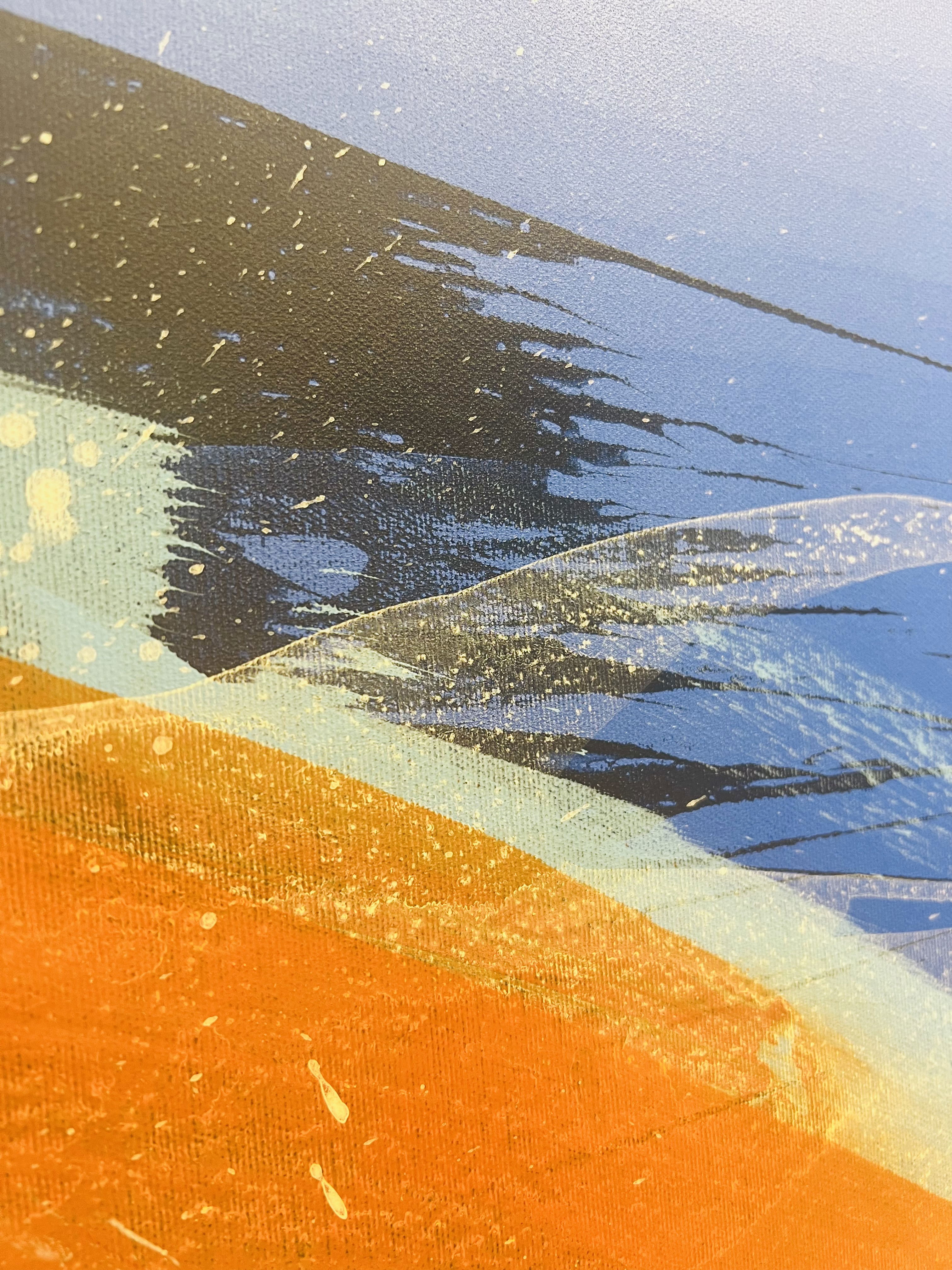 A dynamic abstract acrylic artwork on canvas, featuring swirling strokes of azure and black, with splashes of orange and hints of foam-like texture, evoking a cosmic horizon. Artwork style - Abstrakt and technique Acryl auf Leinwand.