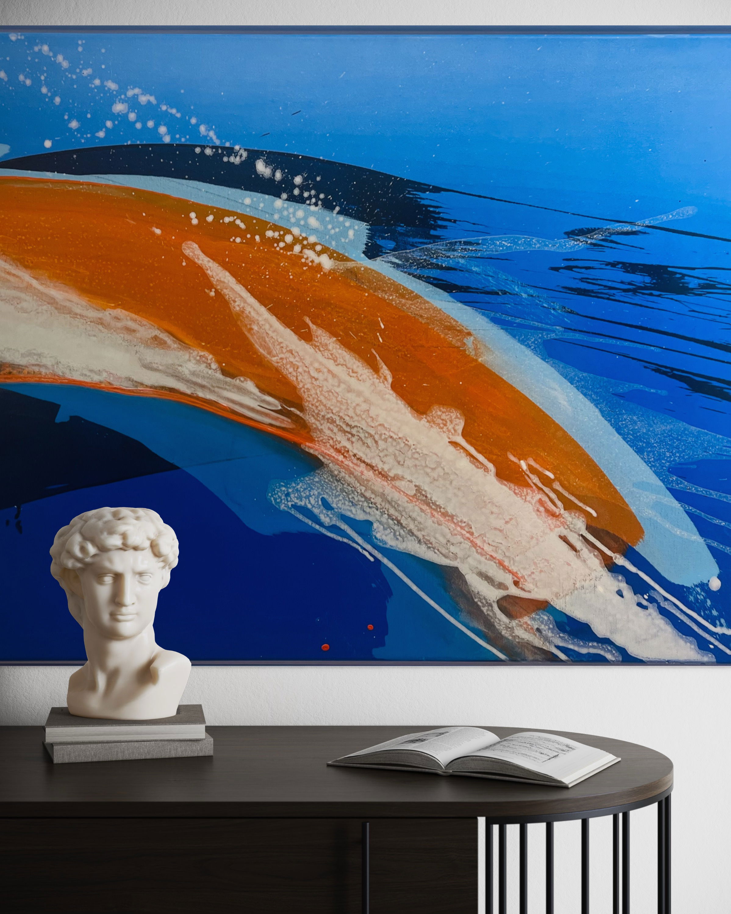 Abstract acrylic painting with dynamic swirls of azure and ember hues, creating a cosmic cascade that evokes reflection and turbulence, framed dramatically in a modern space. Artwork style - Abstrakt and technique Acryl auf Leinwand.