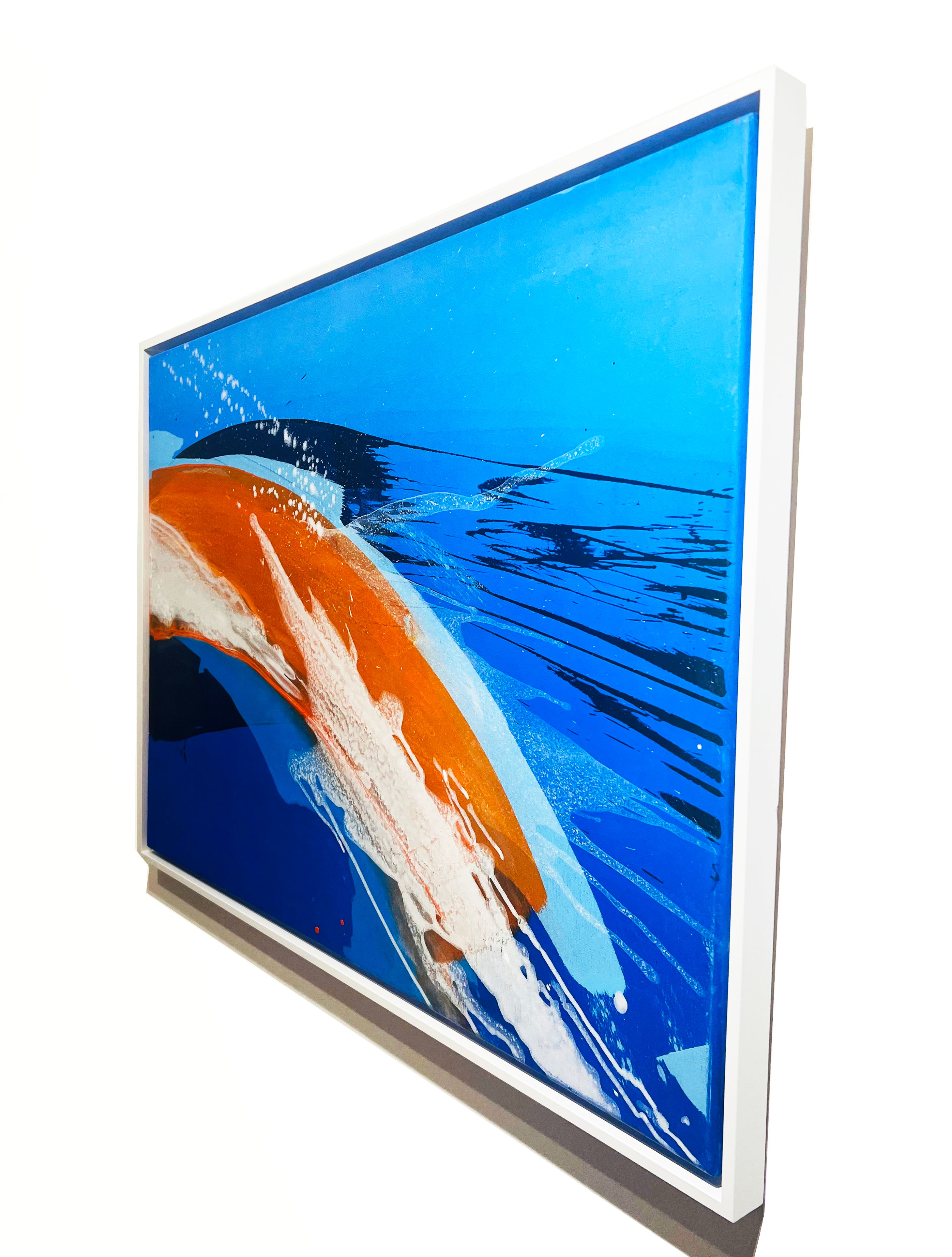 A dynamic abstract acrylic on canvas, featuring a powerful swirl of azure and ember hues, as if capturing the ethereal dance between the cosmos and oceanic cascade. Artwork style - Abstrakt and technique Acryl auf Leinwand.