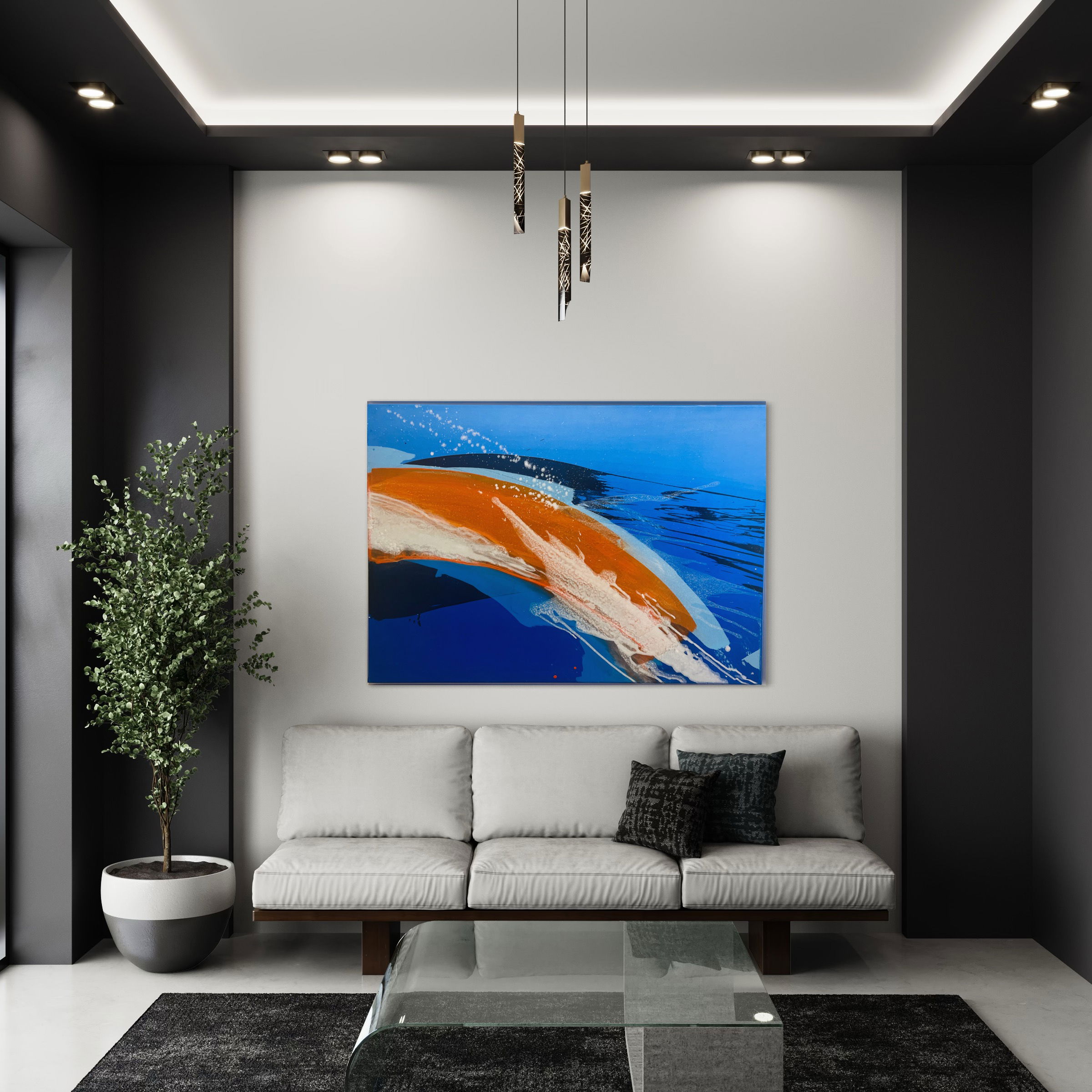 Abstract acrylic on canvas radiates cosmic swirls of azure and ember, blending gradients of aquamarine and alabaster foam in a turbulent cascade of luminescent reflections. Artwork style - Abstrakt and technique Acryl auf Leinwand.