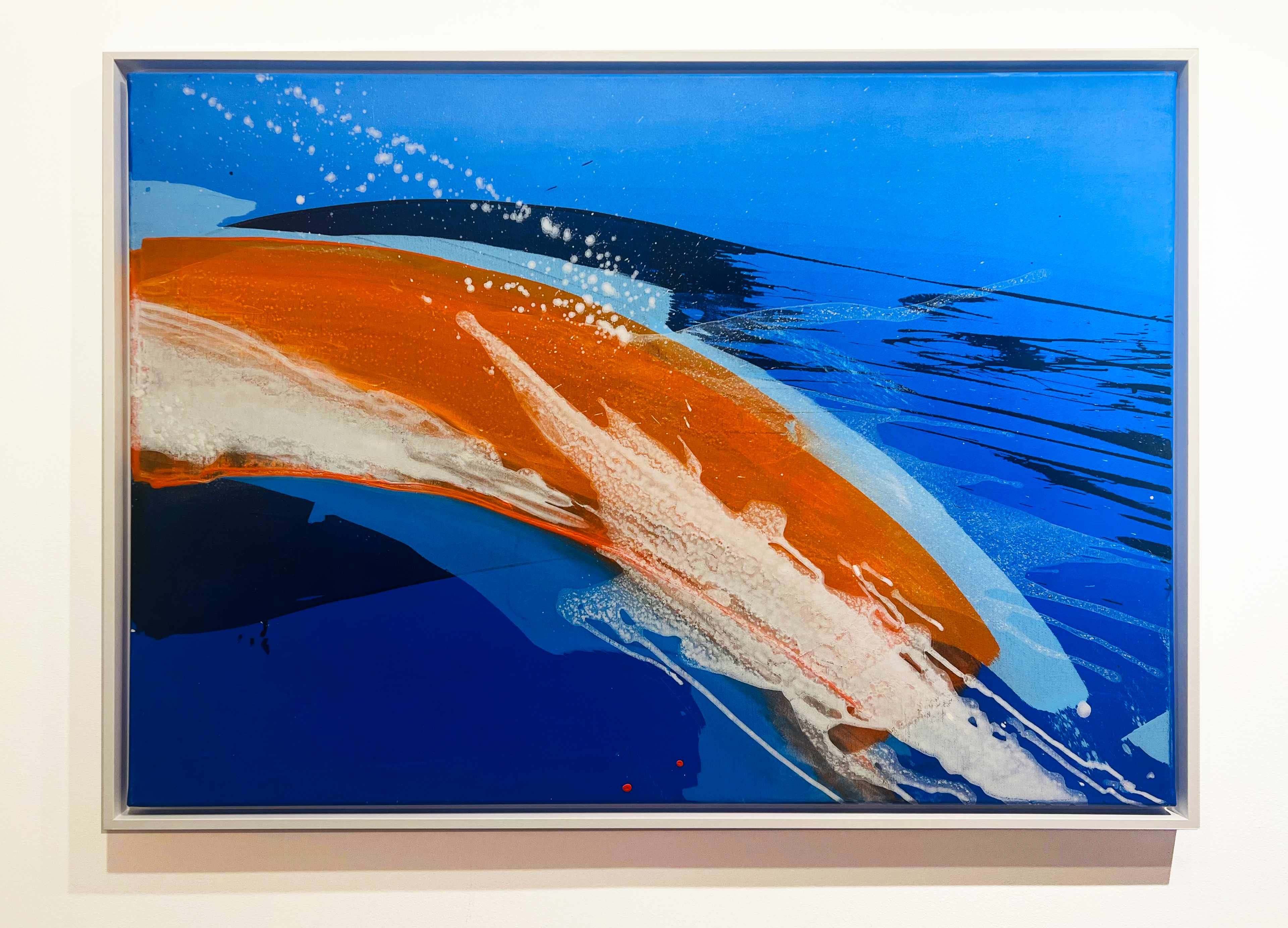 An abstract acrylic painting on canvas featuring a dynamic swirl of alabaster and ember hues cutting through an azure expanse, evoking the turbulence and beauty of cosmic horizons. Artwork style - Abstrakt and technique Acryl auf Leinwand.