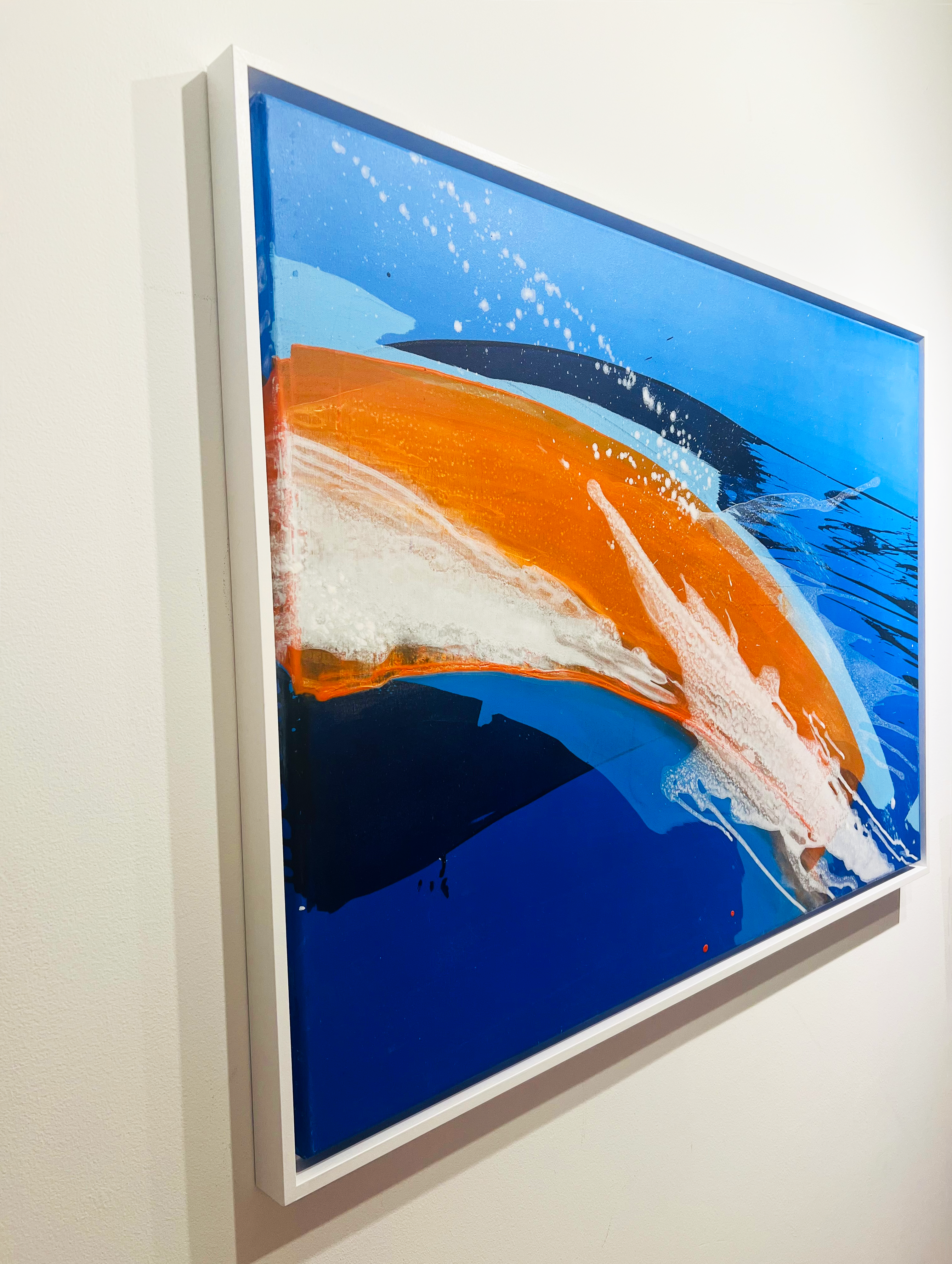Abstract acrylic on canvas featuring dynamic swirls of azure and deep blue, with a vivid splash of orange and white, resembling cosmic turbulence and cascading waves. Artwork style - Abstrakt and technique Acryl auf Leinwand.