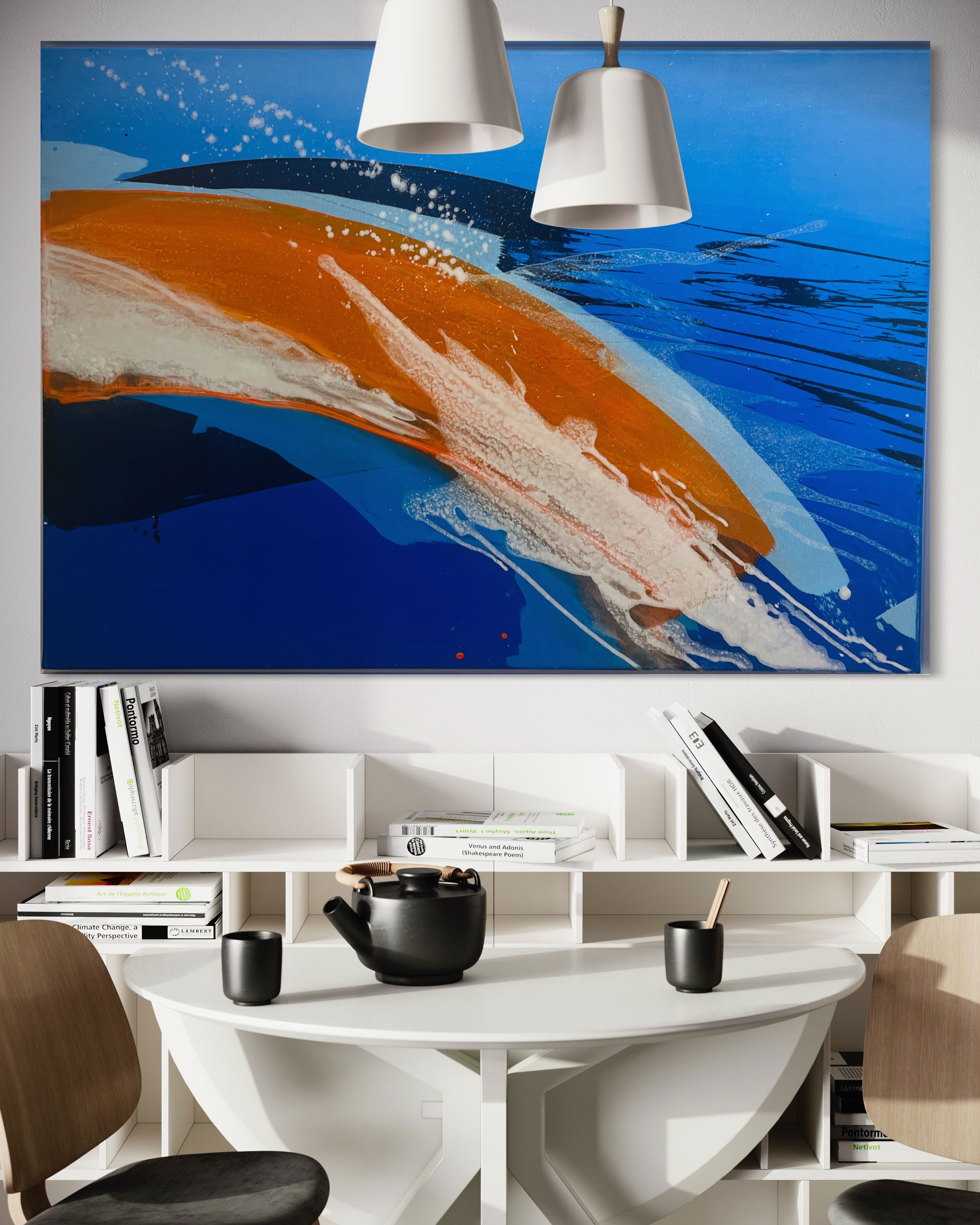 Abstract acrylic painting with vibrant azure and ember swirls, evoking a cosmos of fluid motion and luminescent reflections cascading across a serene aquatic expanse. Artwork style - Abstrakt and technique Acryl auf Leinwand.