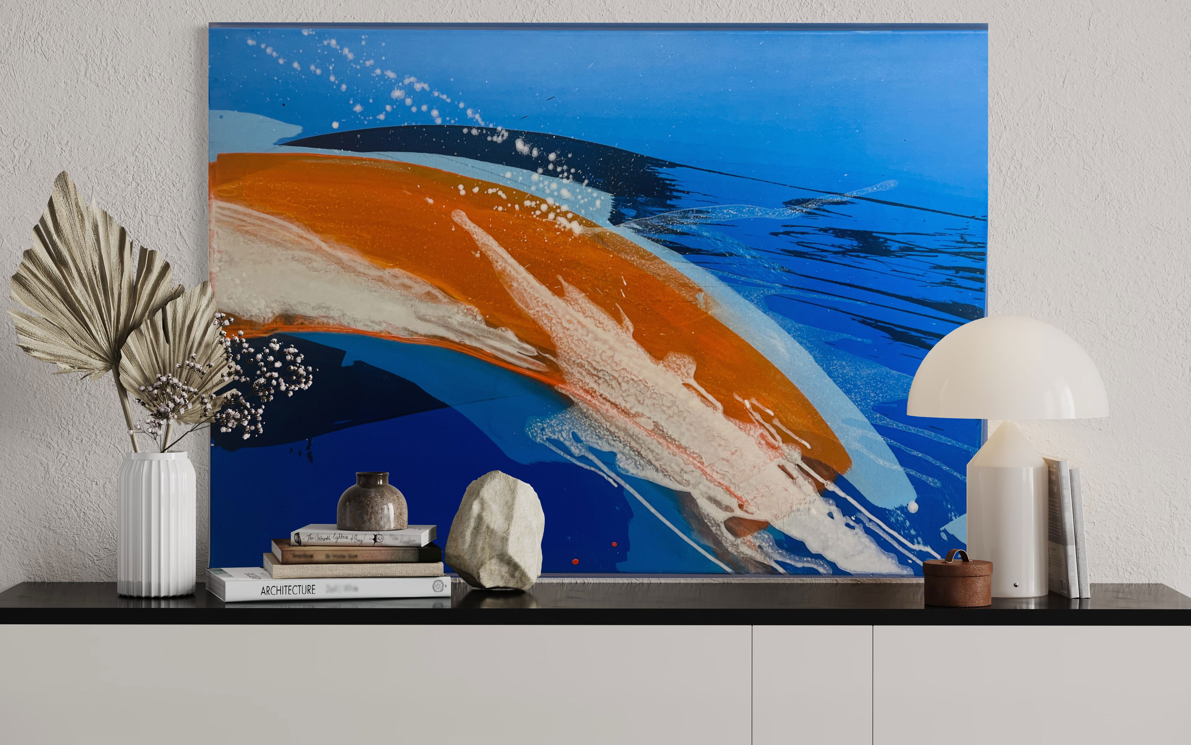 A vibrant acrylic abstract on canvas, featuring dynamic swirls of azure and orange, evokes the frothy turbulence of a celestial cascade with a reflective luminescent veil. Artwork style - Abstrakt and technique Acryl auf Leinwand.