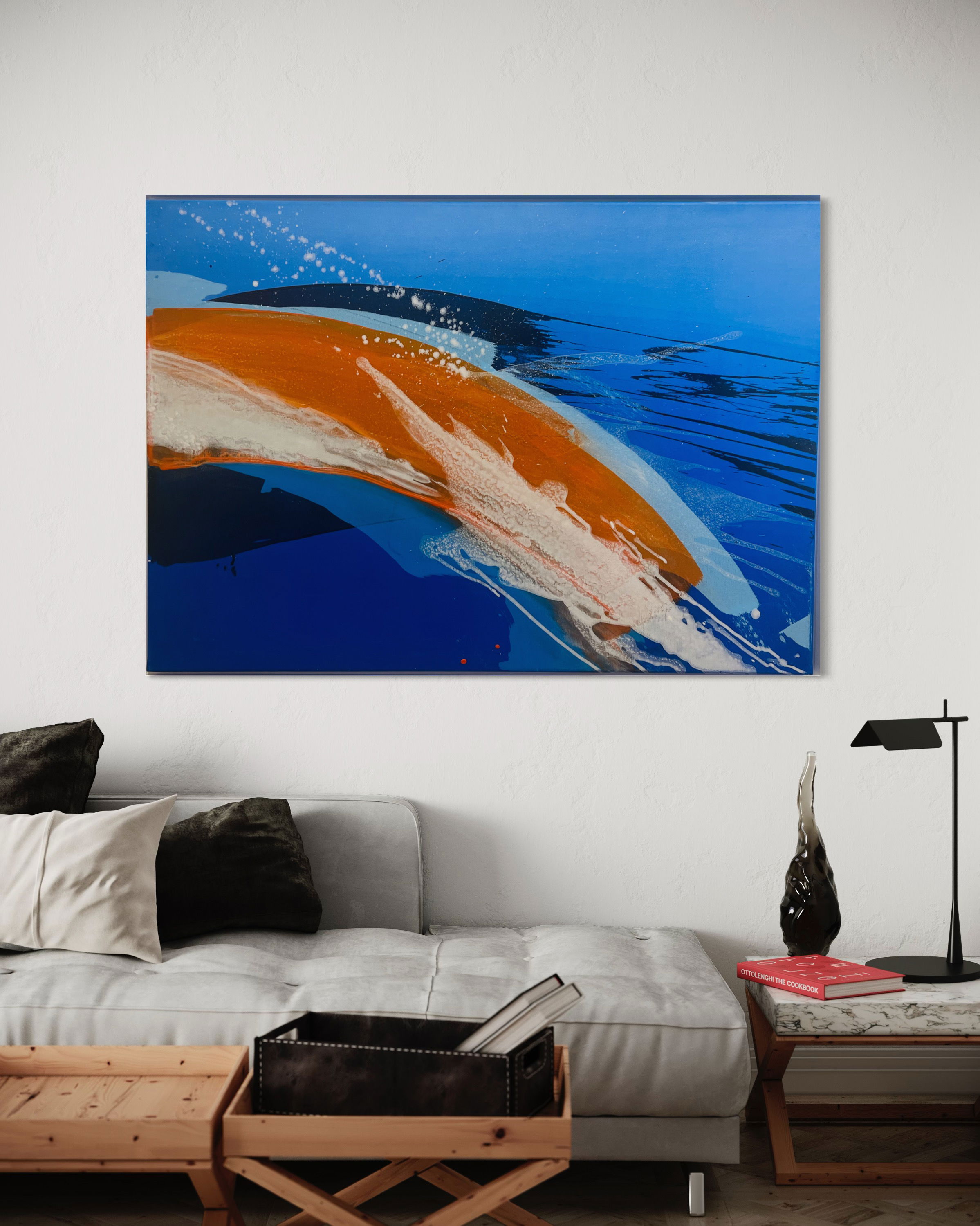 Abstract acrylic on canvas, featuring a dynamic azure swirl and fiery arc, evoking the cosmos with luminescent streaks and turbulent reflections amidst gradient hues. Artwork style - Abstrakt and technique Acryl auf Leinwand.