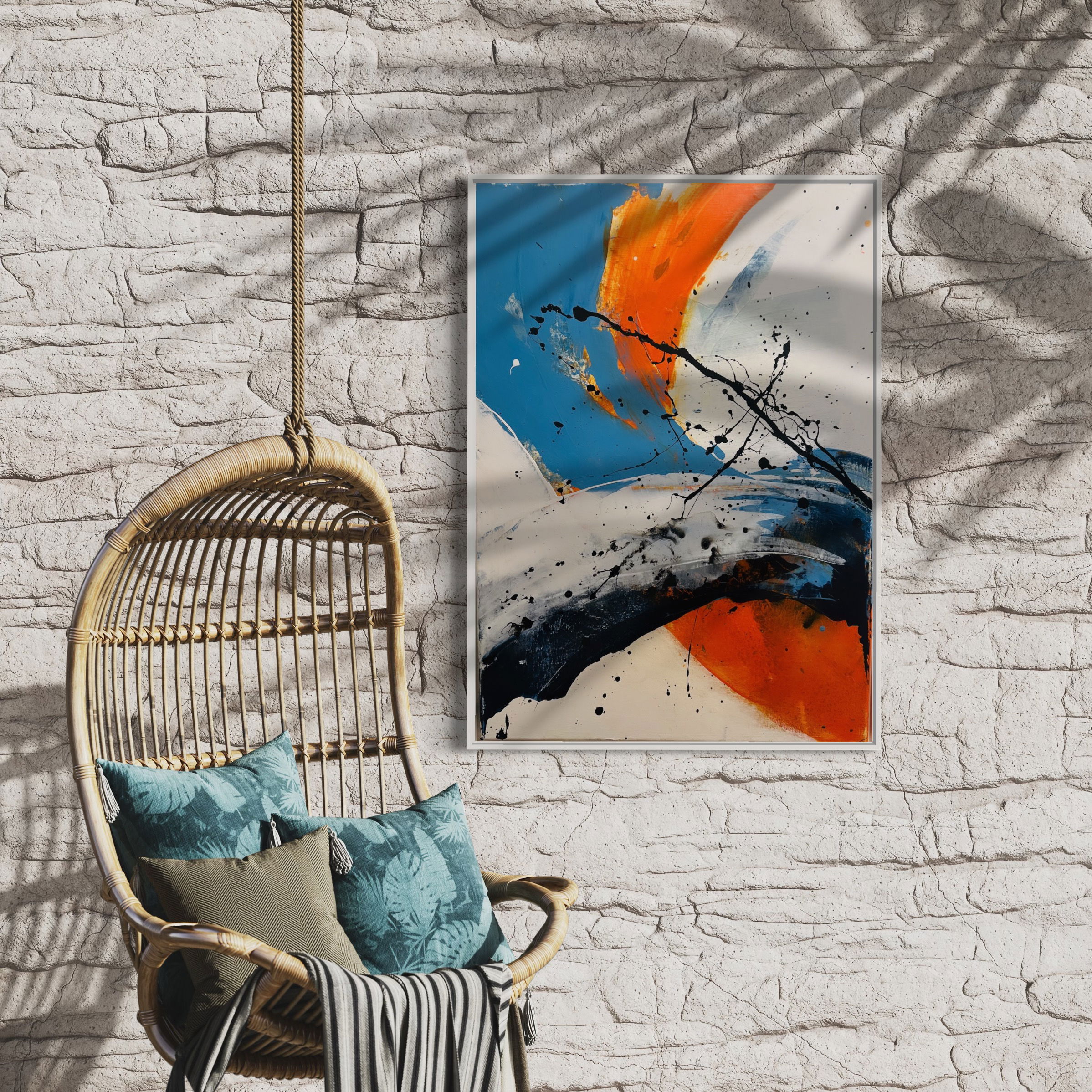 Abstract acrylic on canvas, featuring dynamic swaths of cobalt and crimson in a collision of strokes against a serene backdrop, evoking both tumult and fluidity. Artwork style - Abstrakt and technique Acryl auf Leinwand.