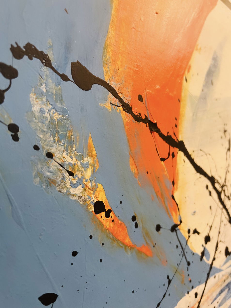 Abstract acrylic painting on canvas, capturing dynamic swaths of crimson and cobalt, interspersed with ebony splatters. Fluid strokes convey an eruption of restless energy. Artwork style - Abstrakt and technique Acryl auf Leinwand.