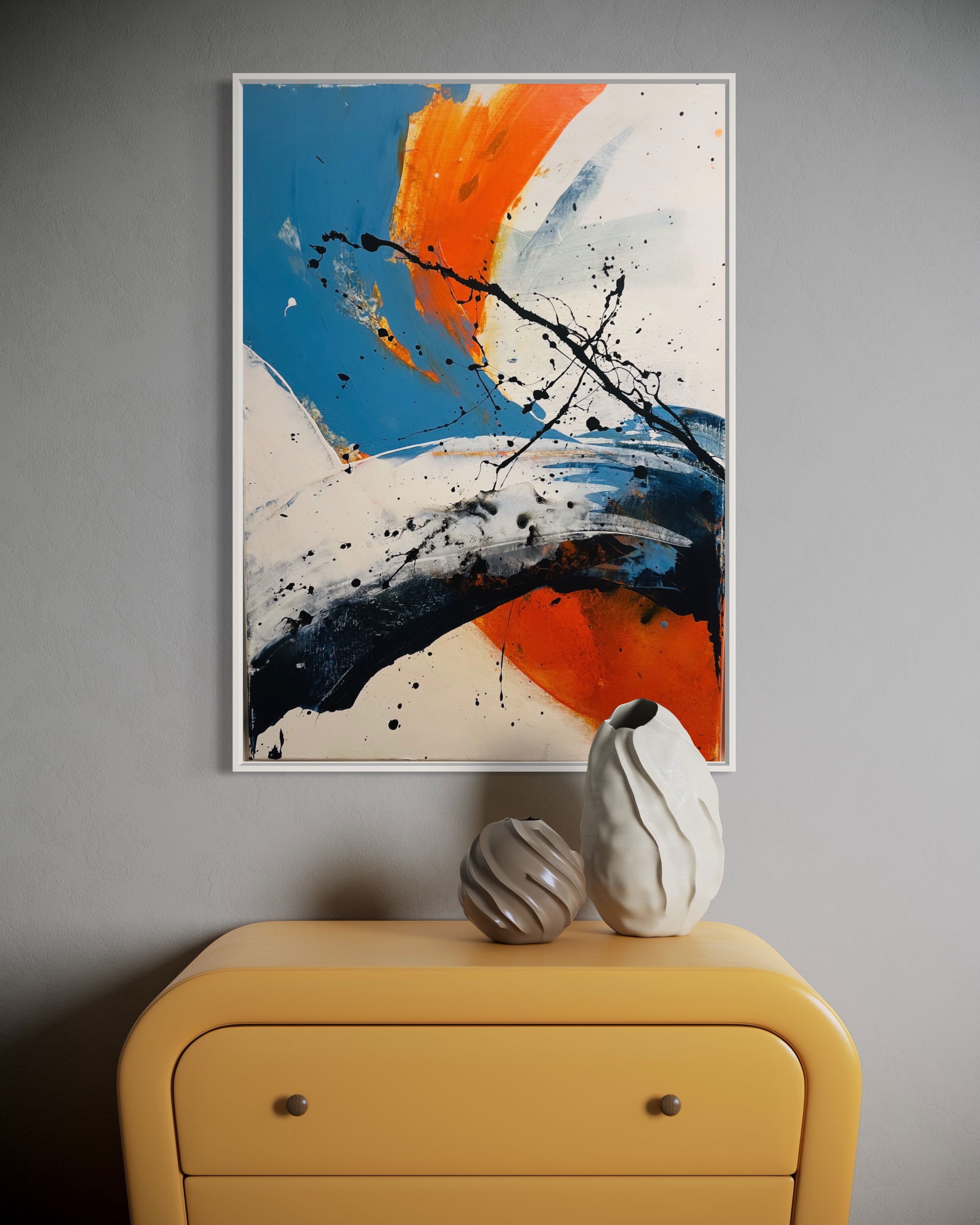 Aphotic swirls of cobalt and ebony collide with fiery arcs of crimson in this dynamic acrylic on canvas, evoking the tumultuous dance between chaos and serenity. Artwork style - Abstrakt and technique Acryl auf Leinwand.