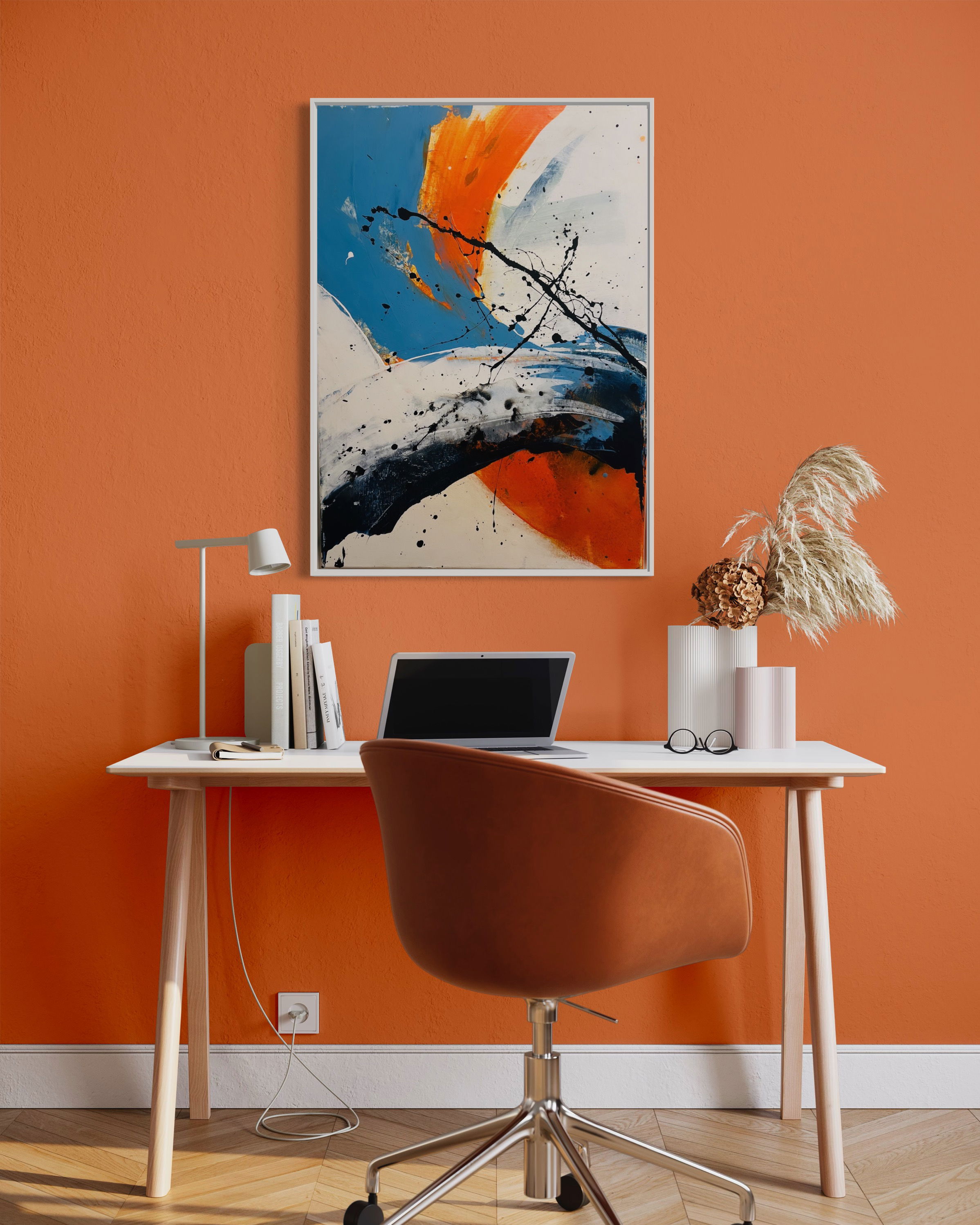 Dynamic swaths of crimson and cobalt clash with ebony splatters, creating a tumultuous yet serene acrylic abstraction on canvas, embodying fluidity, eruption, and cosmic reverie. Artwork style - Abstrakt and technique Acryl auf Leinwand.