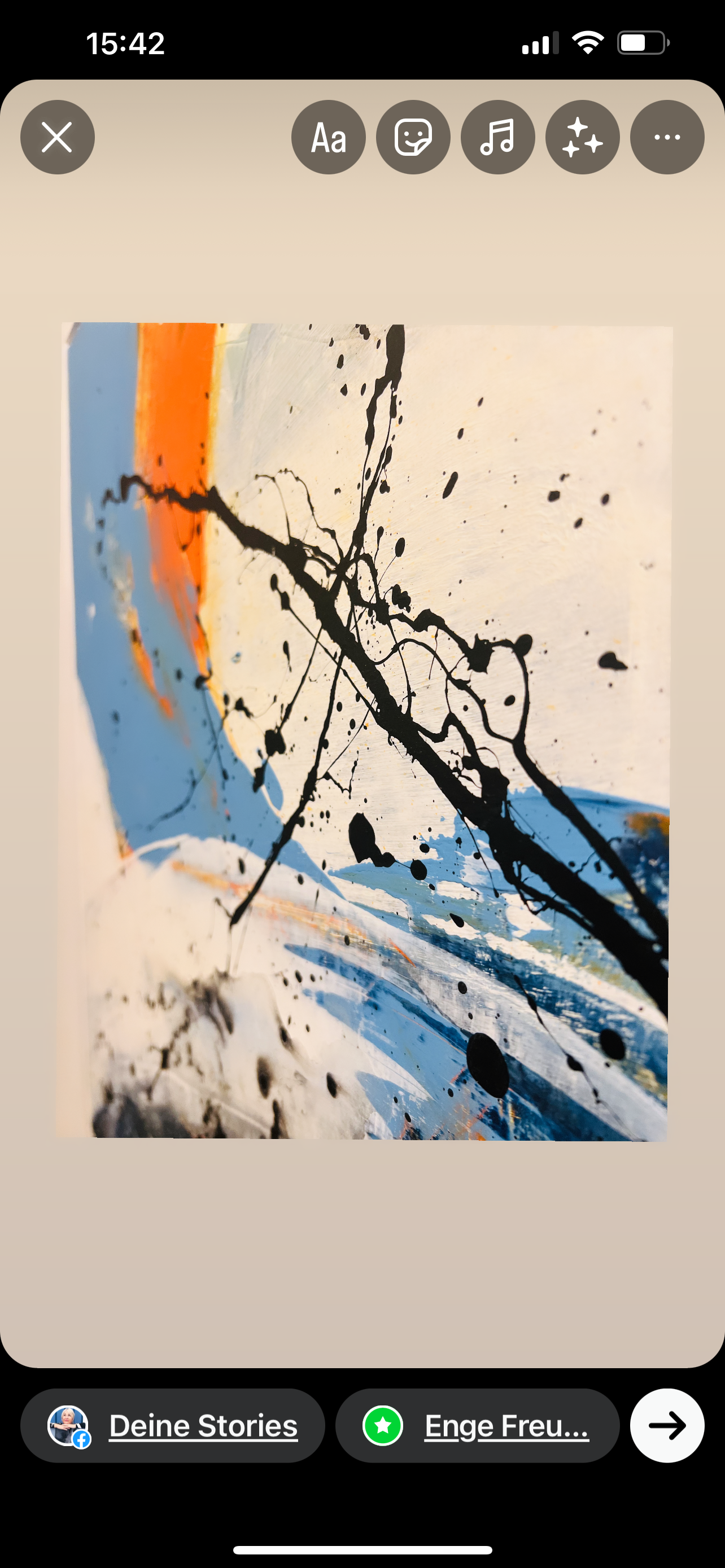 Acrylic on canvas abstract art: a tumultuous collision of cobalt and crimson, intersected by bold black splatters and streaks, evokes a serene yet dynamic horizon. Artwork style - Abstrakt and technique Acryl auf Leinwand.