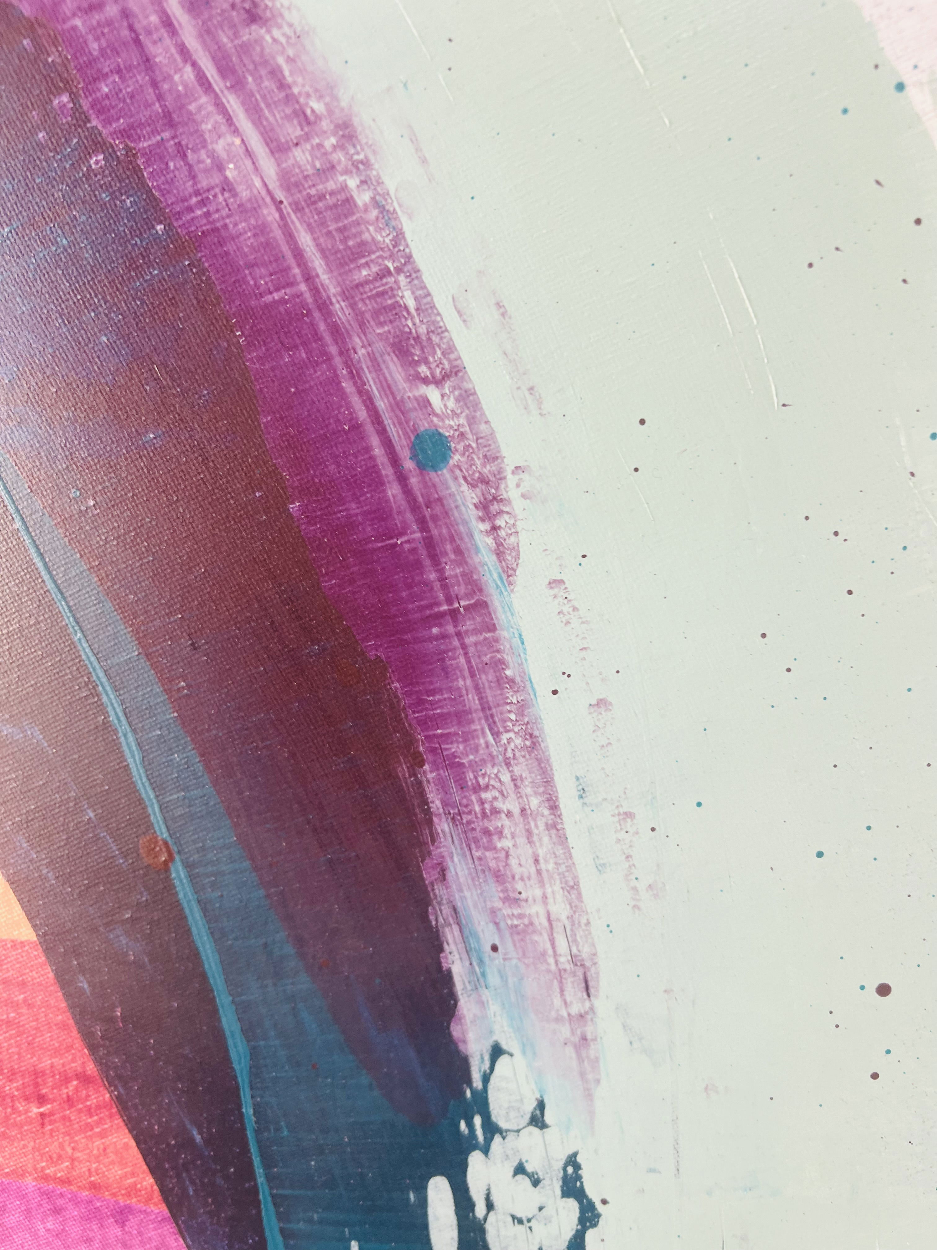 Abstract acrylic painting on canvas featuring swirls of turquoise and peach with arching strokes, splatters, and a harmonious blend evoking fluid motion and modernity. Artwork style is Abstrakt and technique Acryl auf Leinwand.