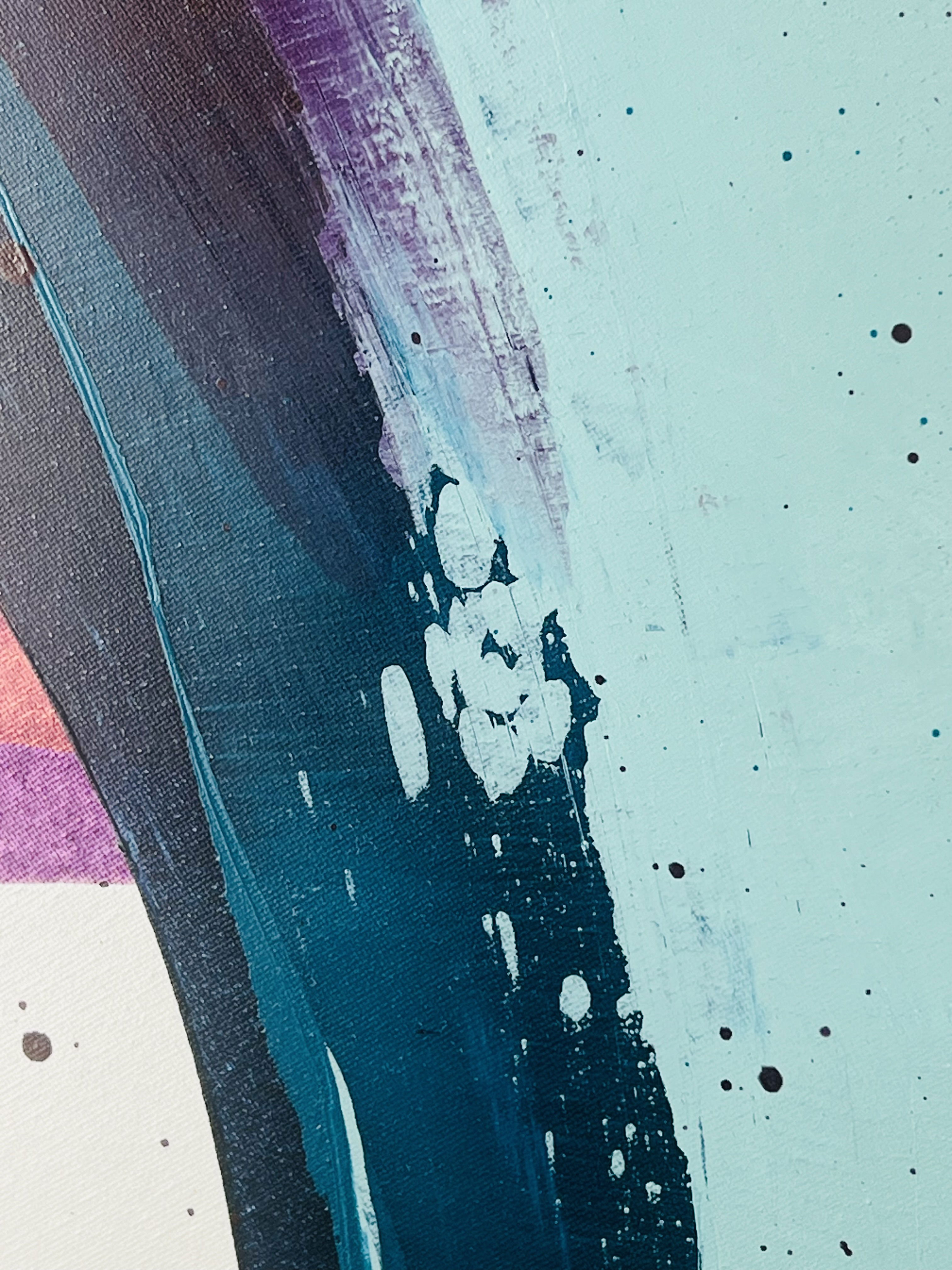 A mesmerizing interplay of turquoise and peach, accented by fluid strokes and splatters, capturing the essence of abstract expressionism on canvas. Artwork style is Abstrakt and technique Acryl auf Leinwand.