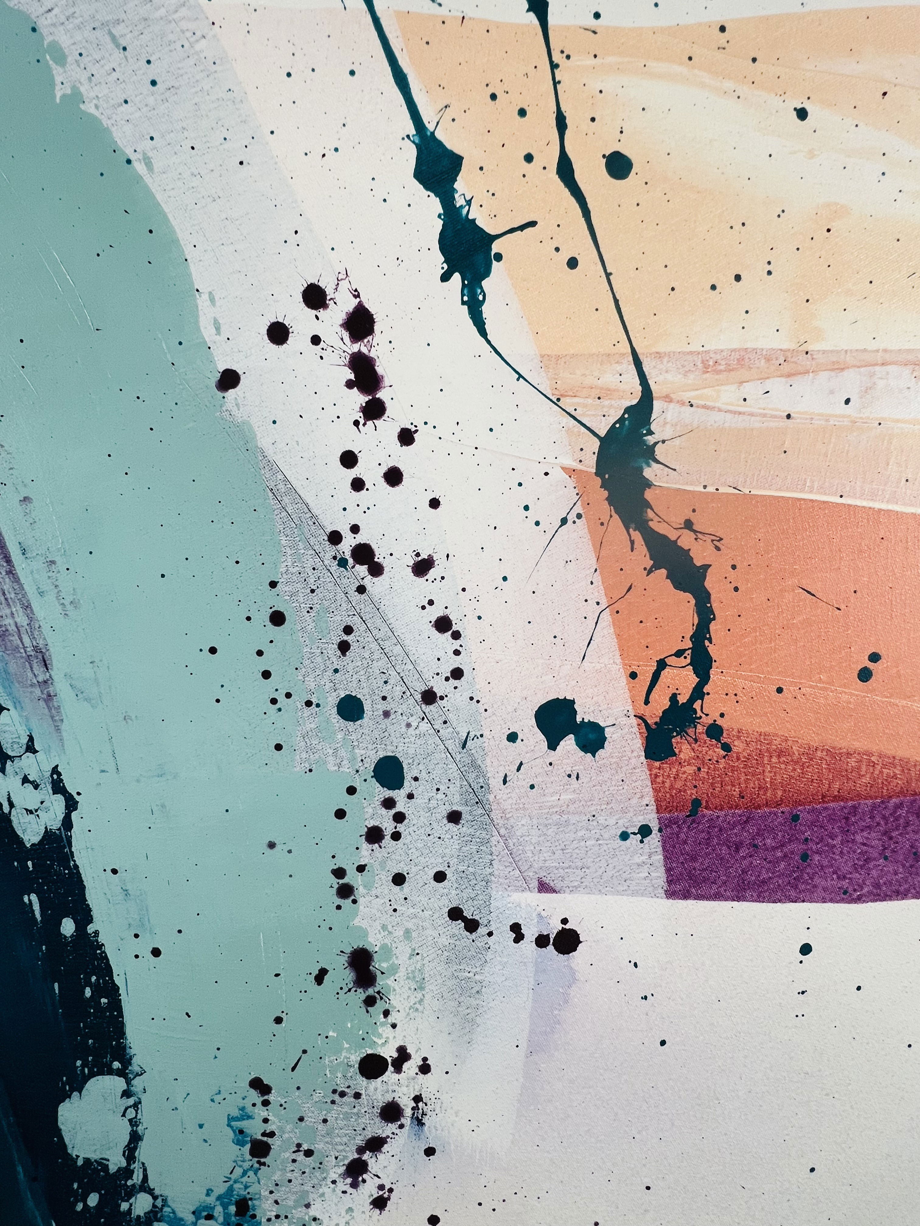 An abstract acrylic painting on canvas, featuring harmonious strokes of turquoise and peach with splatters, creating a dynamic composition of color and fluid motion. Artwork style is Abstrakt and technique Acryl auf Leinwand.