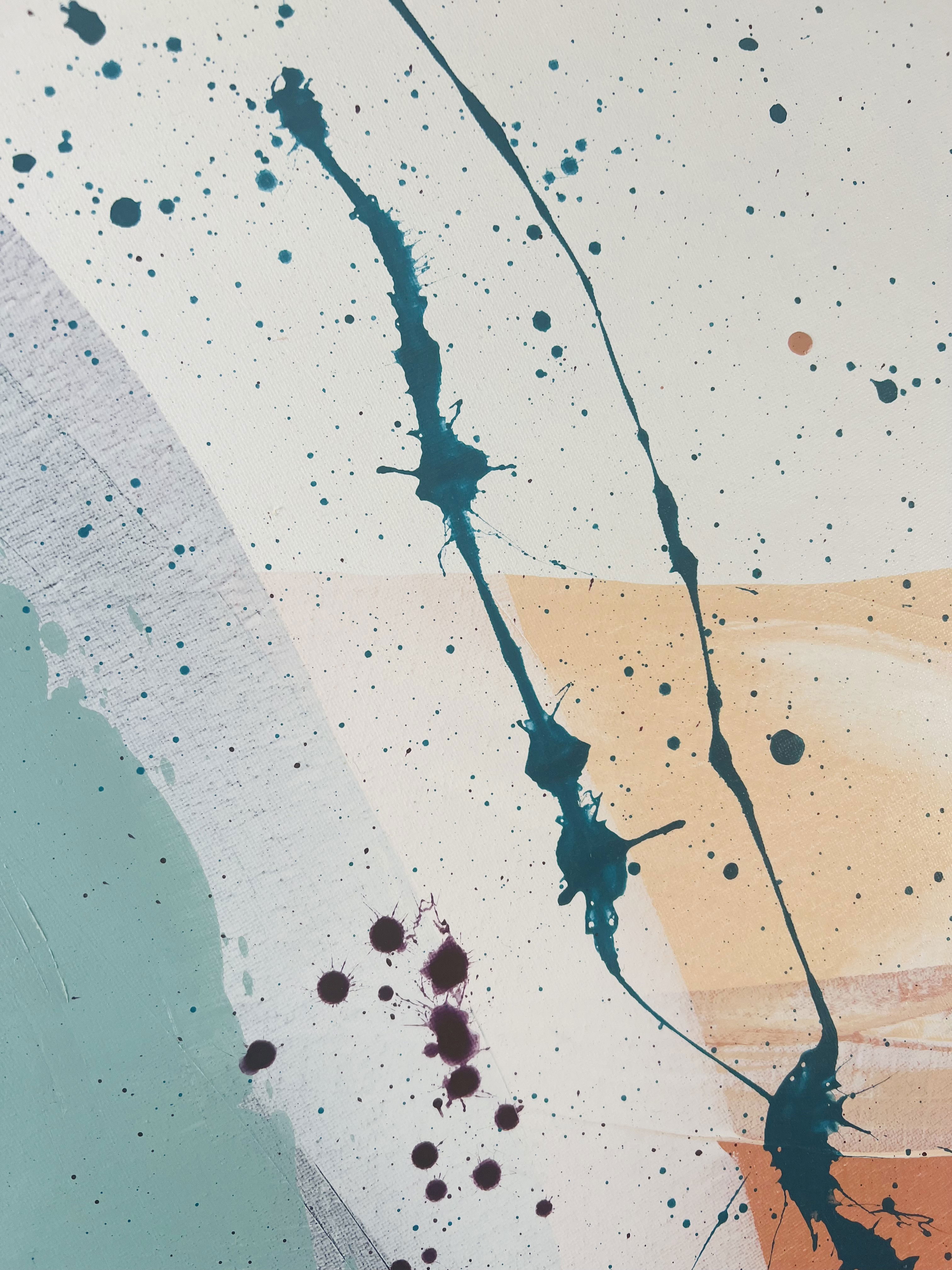 Abstract acrylic artwork on canvas featuring dynamic turquoise strokes, peach arches, and scattered splatters, evoking a sense of fluidity and balanced motion. Artwork style is Abstrakt and technique Acryl auf Leinwand.