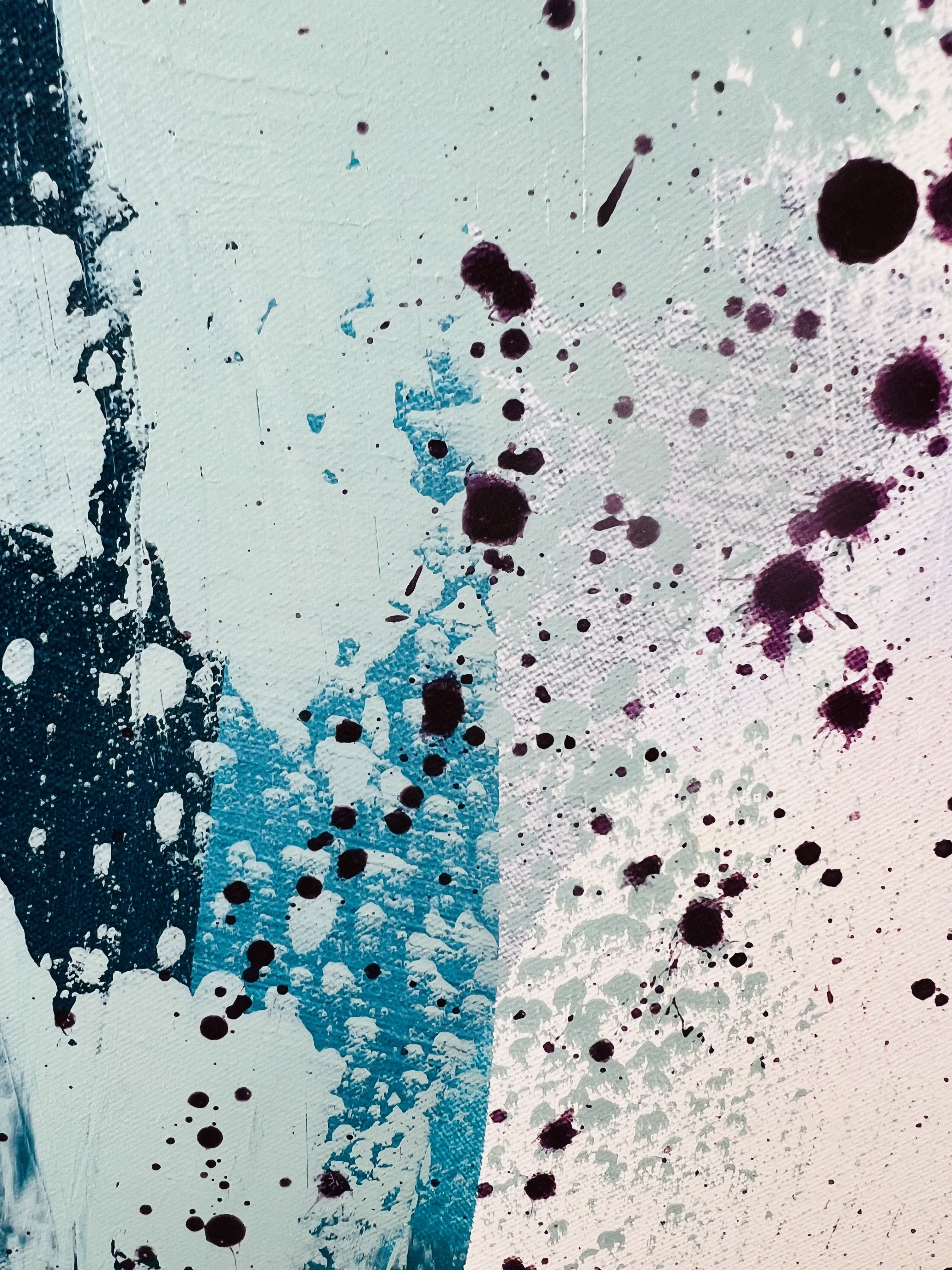 Abstract acrylic painting on canvas, featuring splashes of turquoise, peach, and black, radiating energy and harmony, evoking balance and fluidity through bold brushwork. Artwork style is Abstrakt and technique Acryl auf Leinwand.