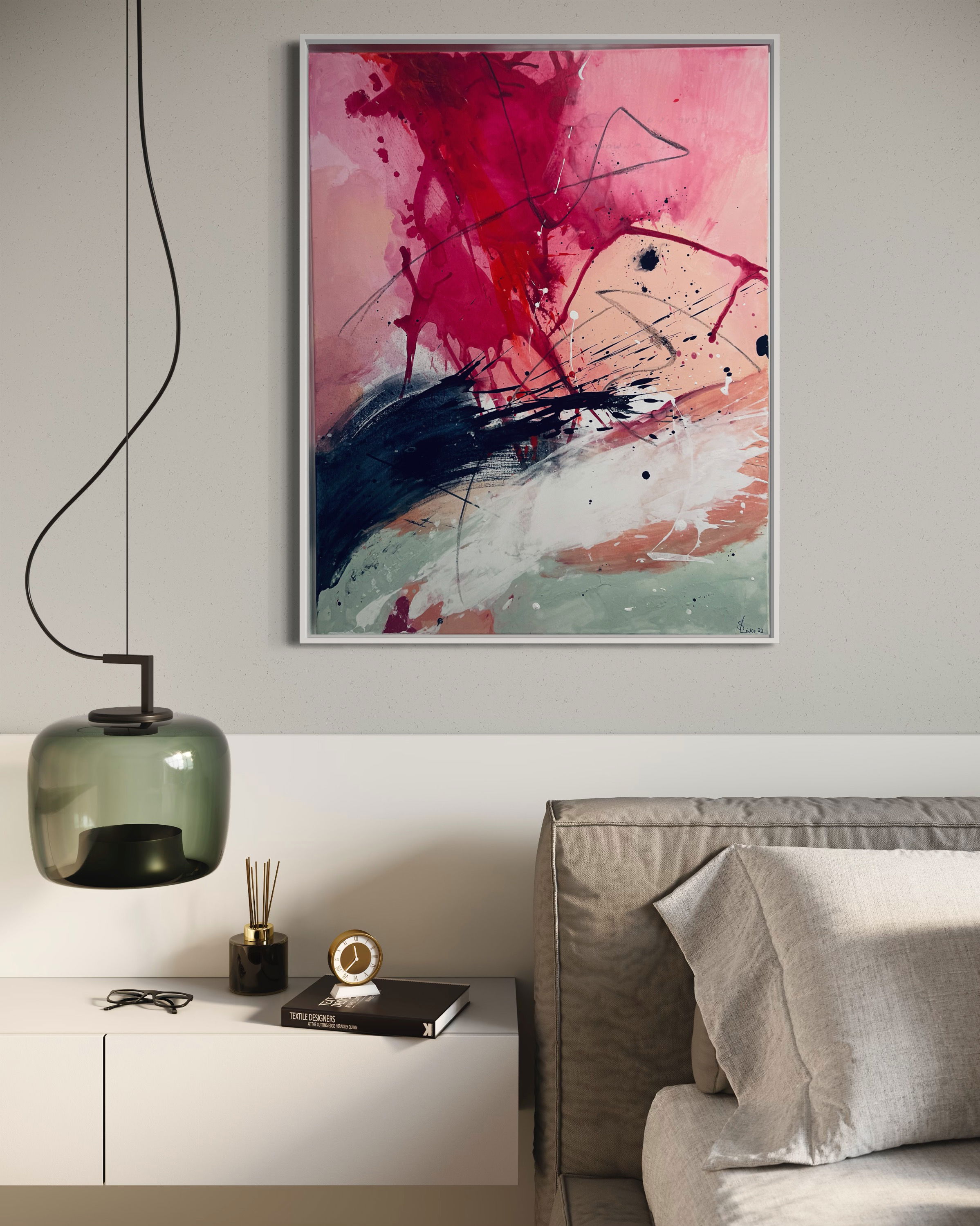 Abstract acrylic artwork on canvas featuring vibrant splashes of crimson and black, interwoven with dynamic streaks and fluid textures that evoke a sense of chaos and harmony. Artwork style - Abstrakt and technique Acryl auf Leinwand.