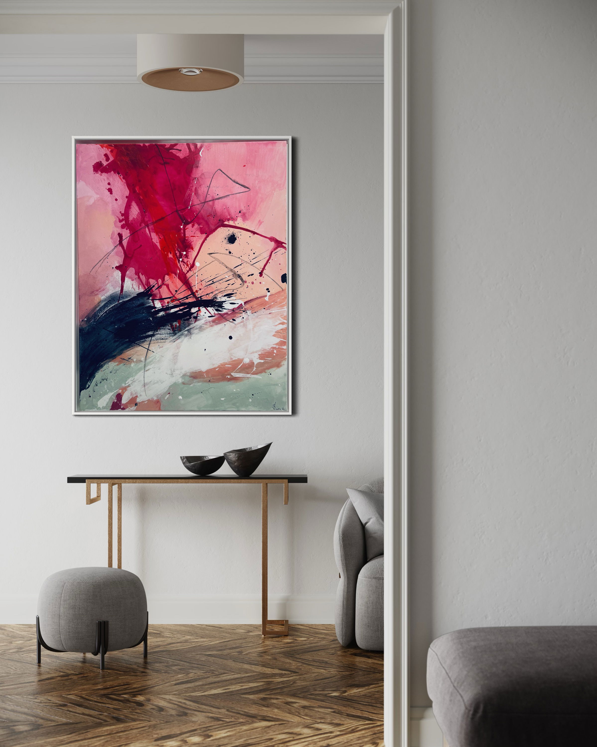 Dynamic abstract acrylic painting on canvas, featuring vibrant crimson and black splatters amid chaotic yet fluid streaks of color, evoking a sense of emotional turmoil and movement. Artwork style - Abstrakt and technique Acryl auf Leinwand.