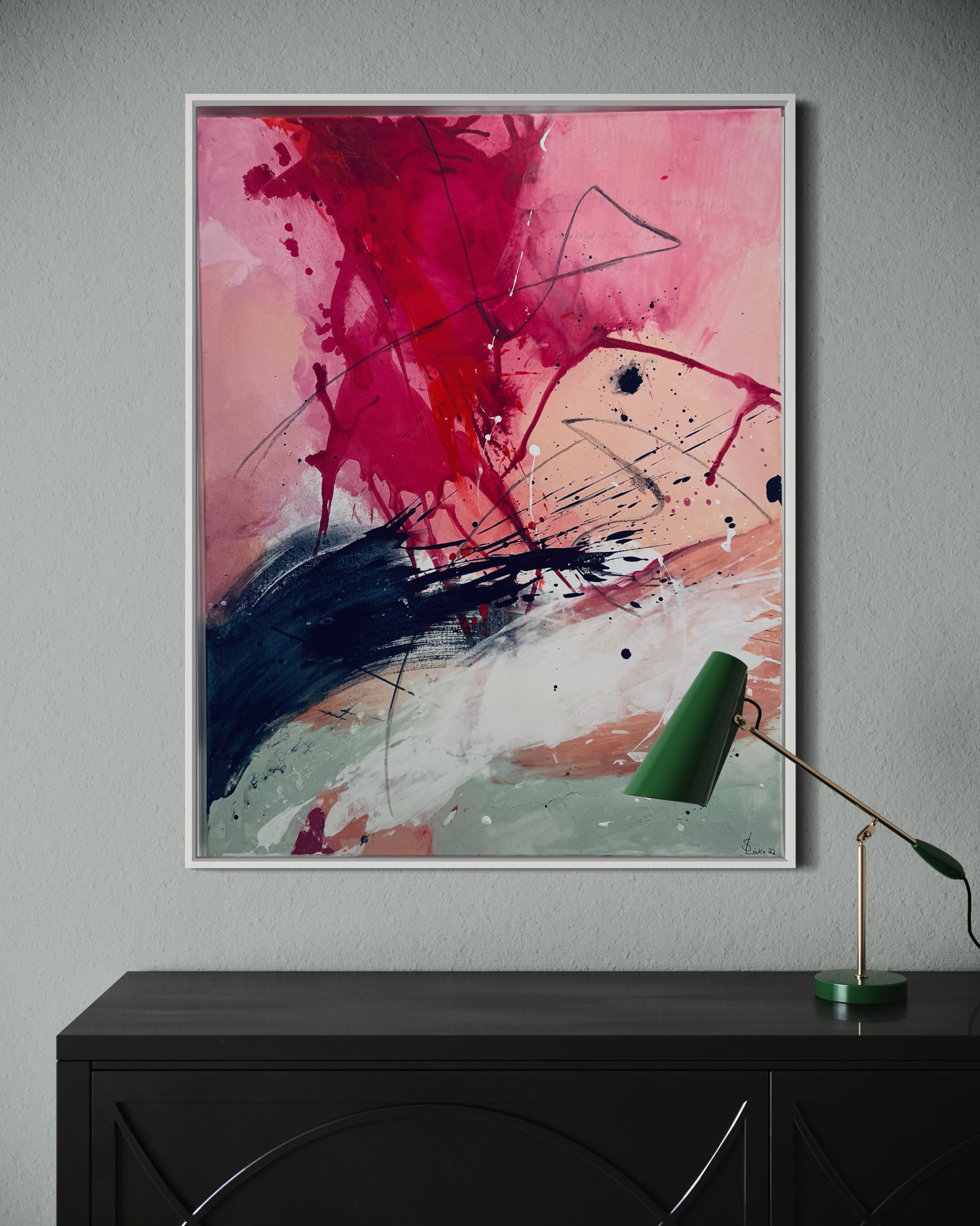 Abstract acrylic on canvas, showcasing a chaotic collision of crimson and black splatters, creating dynamic energy and ethereal vibrancy against layers of textured turmoil. Artwork style - Abstrakt and technique Acryl auf Leinwand.